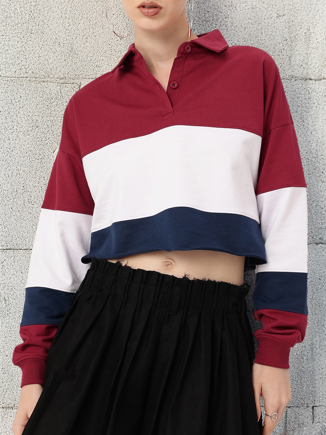 

DressBerry Boss Babe Colorblocked Boxy Crop Sweatshirts, Maroon