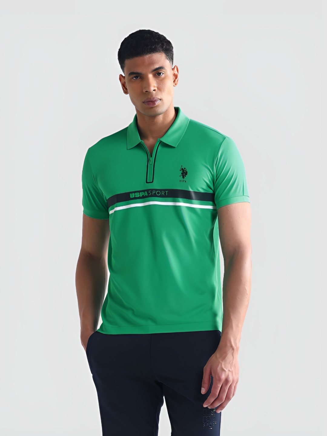 

U.S. Polo Assn. Men Typography Printed Zipper Polo Collar Slim Fit T-shirt, Green