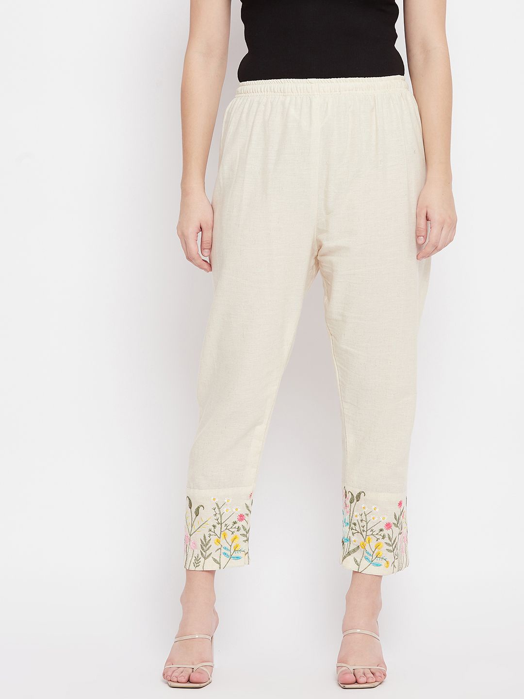 

Clora Creation Women Floral Embroidered Smart Easy Wash Trousers, Beige