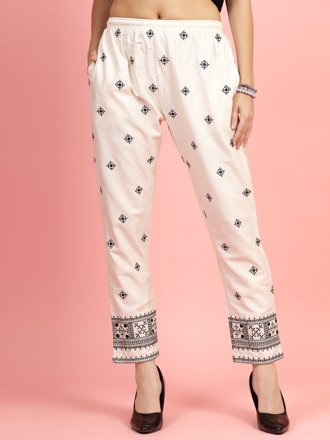 

Clora Creation Women Printed Smart Easy Wash Trousers, Off white