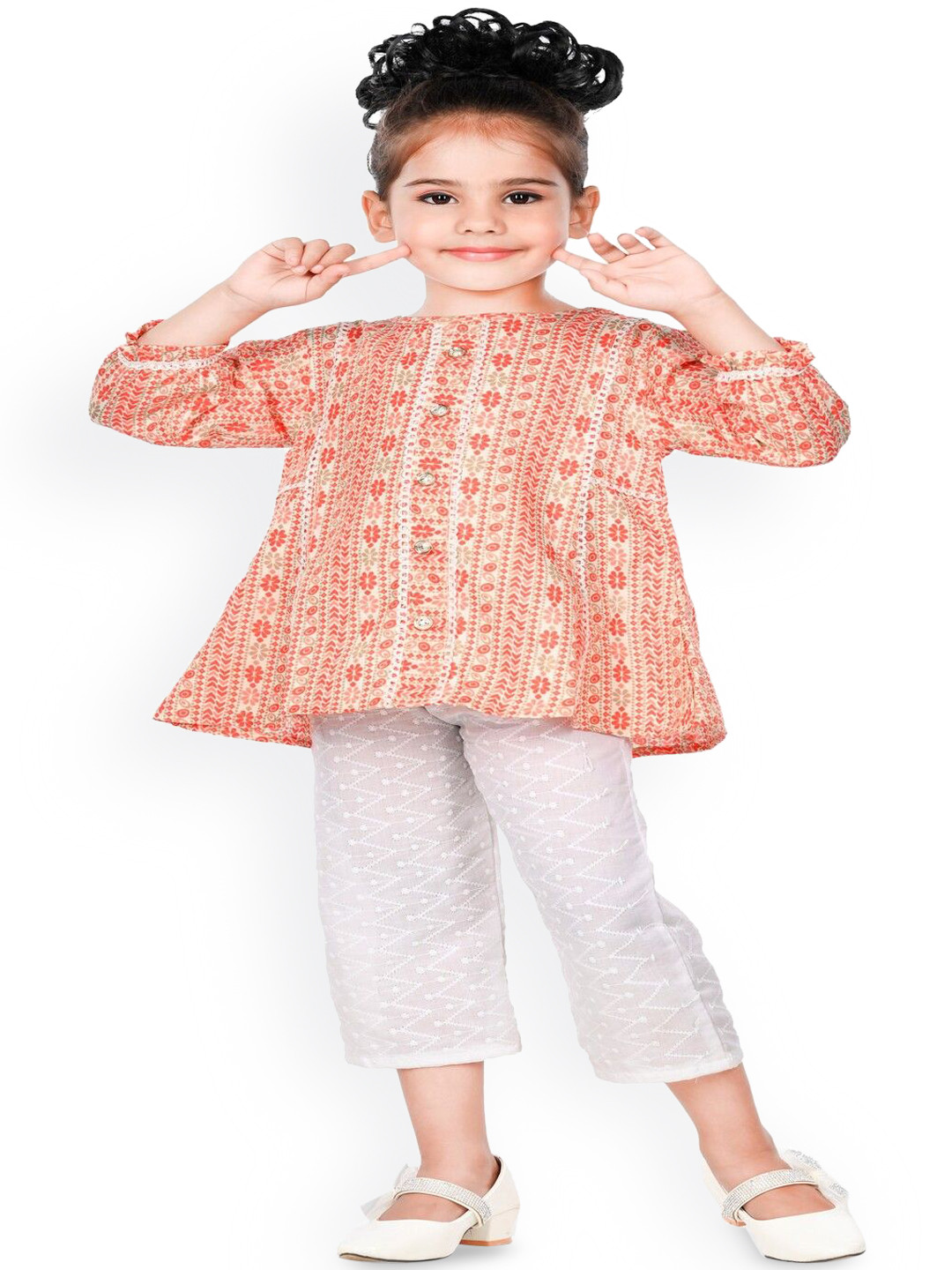 

BAESD Girls Ethnic Motifs Printed A-Line Cotton Kurta with Trousers, Peach