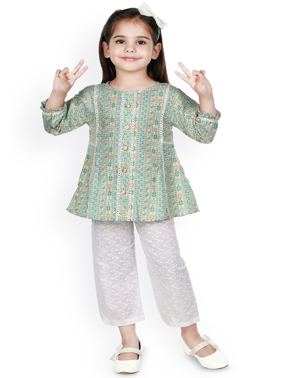 

BAESD Girls Ethnic Motifs Printed A-Line Cotton Kurta with Trousers, Turquoise blue