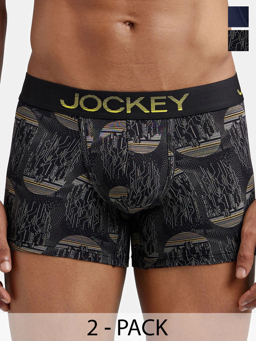 

Jockey Pack of 2 Printed Mid-Rise Outer Elastic Trunks FP23-0105-BEY01 8009-0101-DPNVY, Black