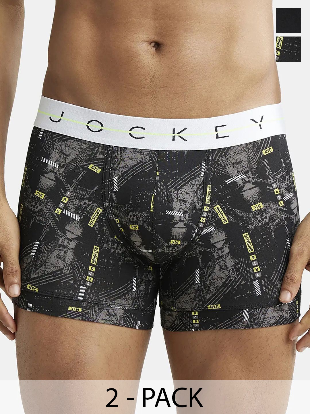 

Jockey Pack of 2 Printed Mid-Rise Outer Elastic Trunks 19636302-1-11036488-1, Black