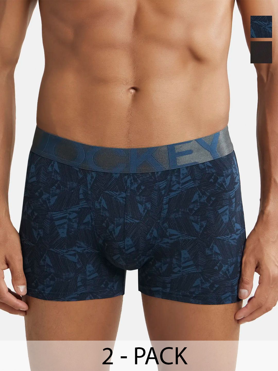 

Jockey Pack of 2 Printed Mid-Rise Outer Elastic Trunks IC28-0105-BROWN-IC30-0105-PTLPR, Blue