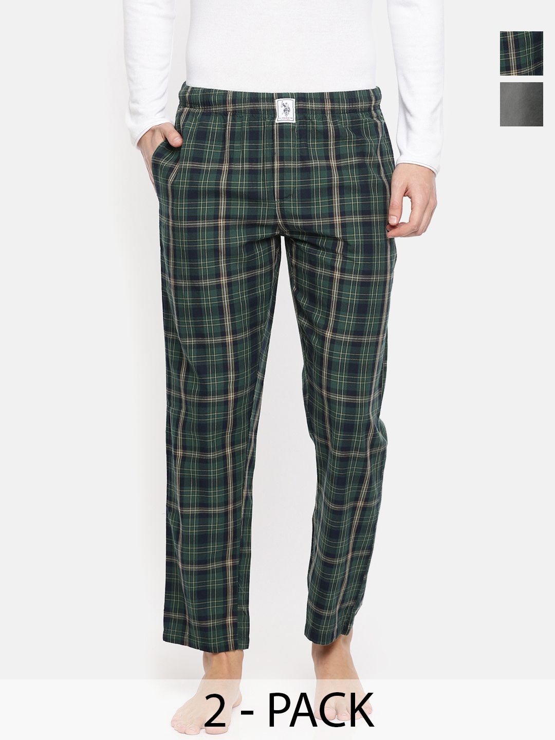 

U.S. Polo Assn. Pack of 2 Checked Mid-Rise Pure Cotton Straight Lounge Pants, Green