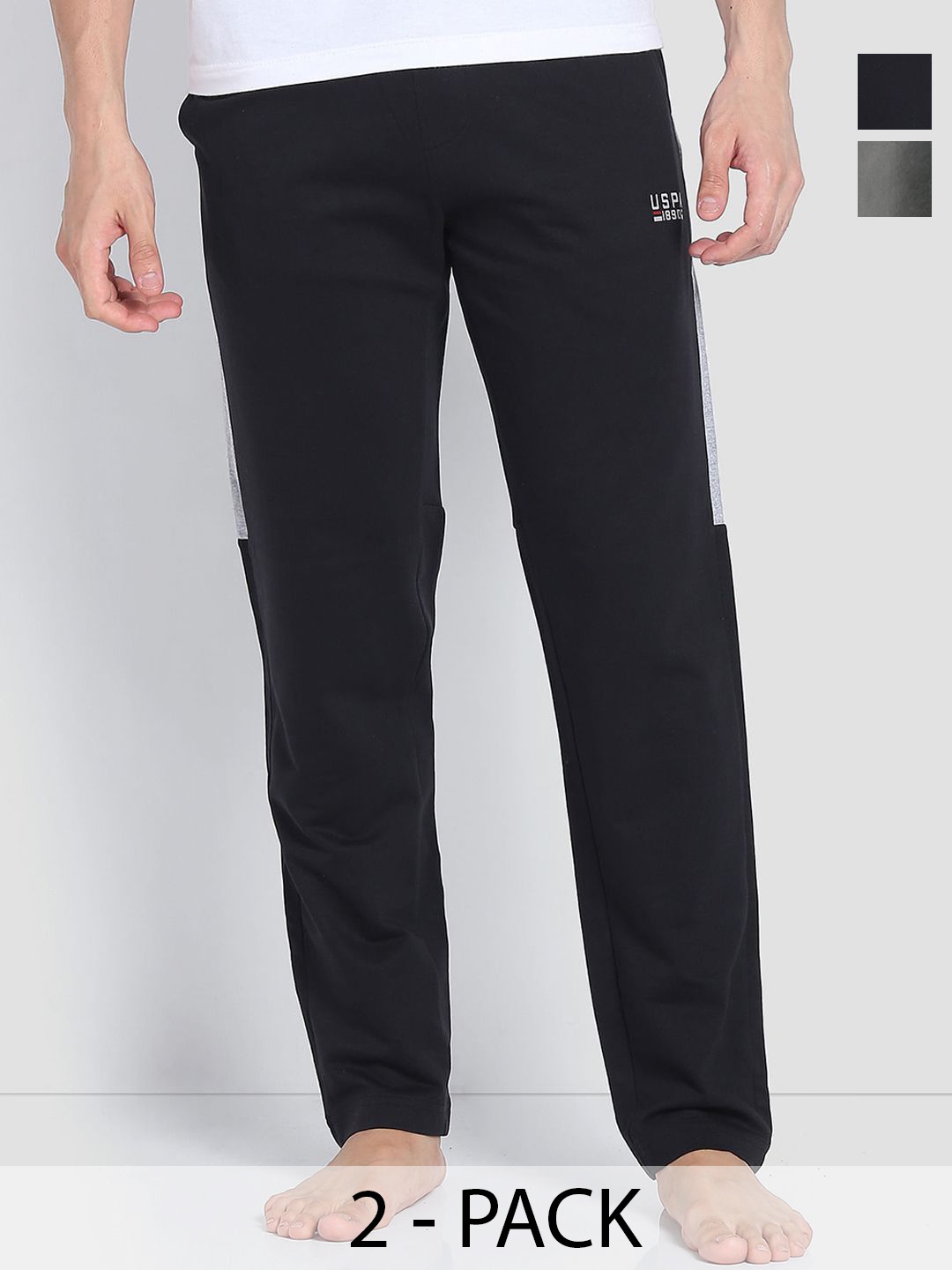 

U.S. Polo Assn. Pack of 2 Men Mid-Rise Pure Cotton Straight Lounge Pants, Black