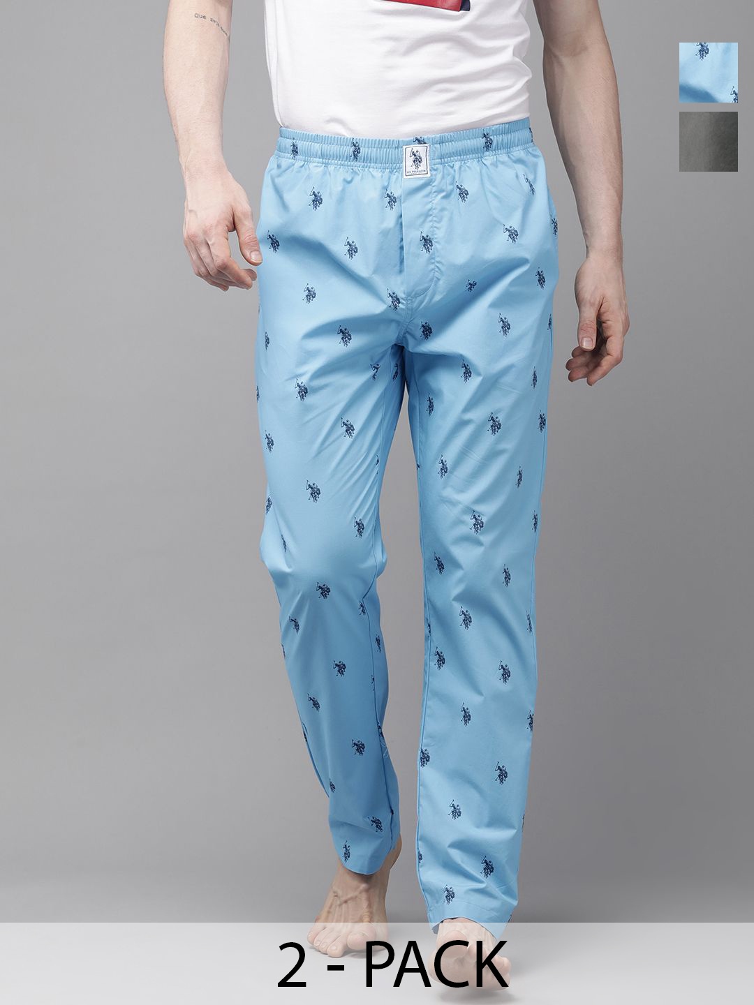 

U.S. Polo Assn. Pack of 2 Men Printed Mid-Rise Pure Cotton Straight Lounge Pants, Blue