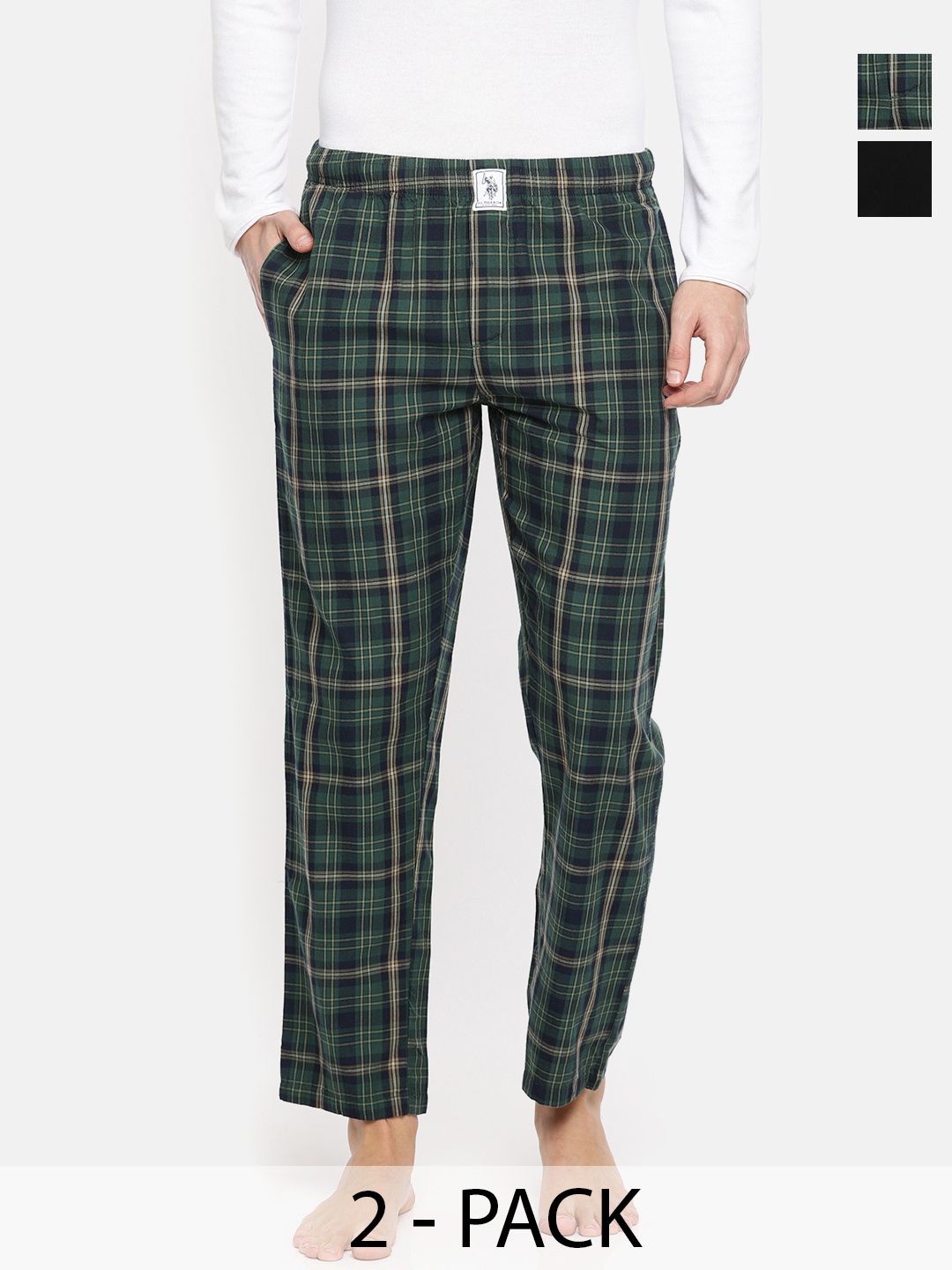 

U.S. Polo Assn. Pack of 2 Men Checked Mid-Rise Pure Cotton Straight Lounge Pants, Green