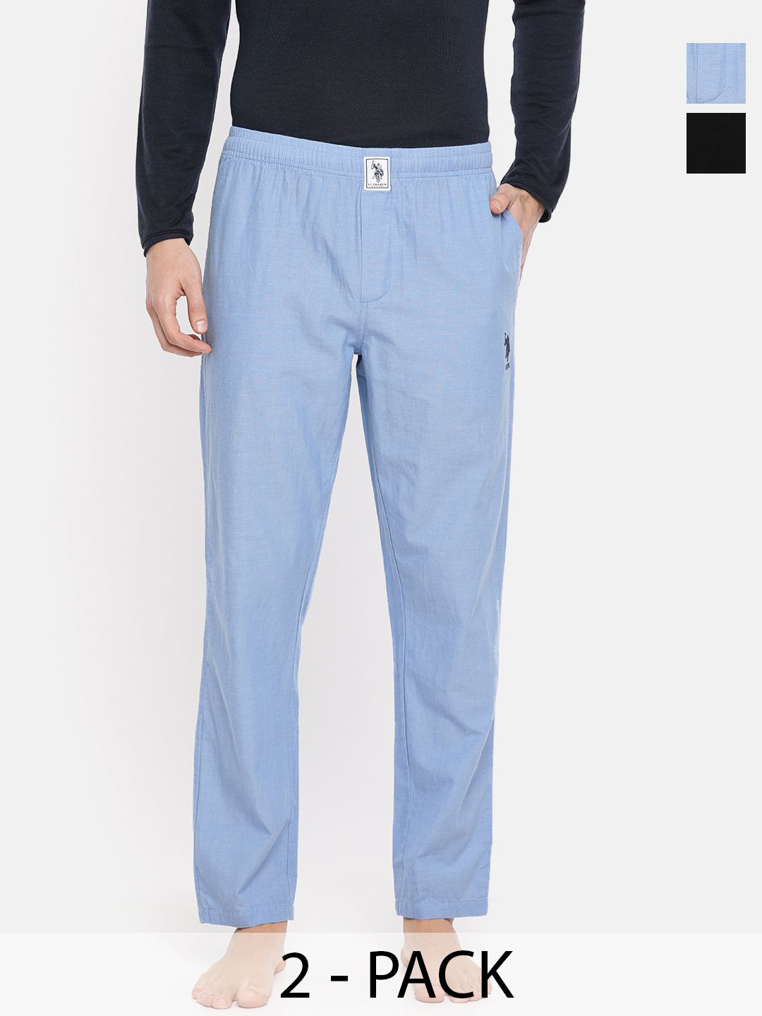 

U.S. Polo Assn. Pack of 2 Men Mid-Rise Pure Cotton Straight Lounge Pants, Blue