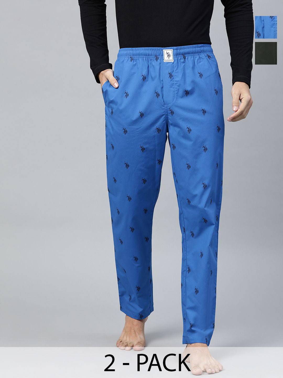 

U.S. Polo Assn. Pack of 2 Men Printed Mid-Rise Cotton Straight Lounge Pants, Navy blue