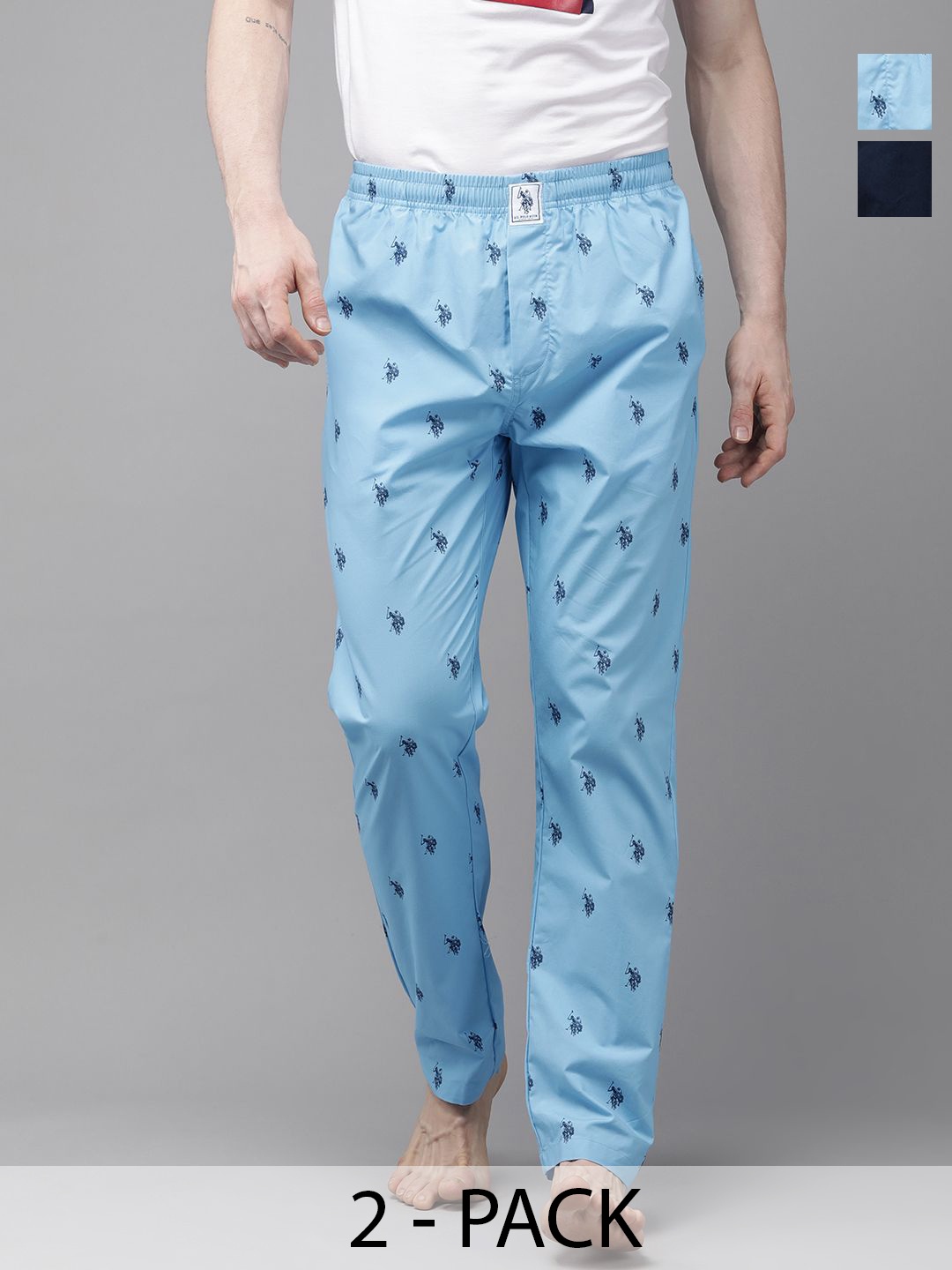 

U.S. Polo Assn. Pack of 2 Printed Mid-Rise Cotton Straight Lounge Pants, Blue