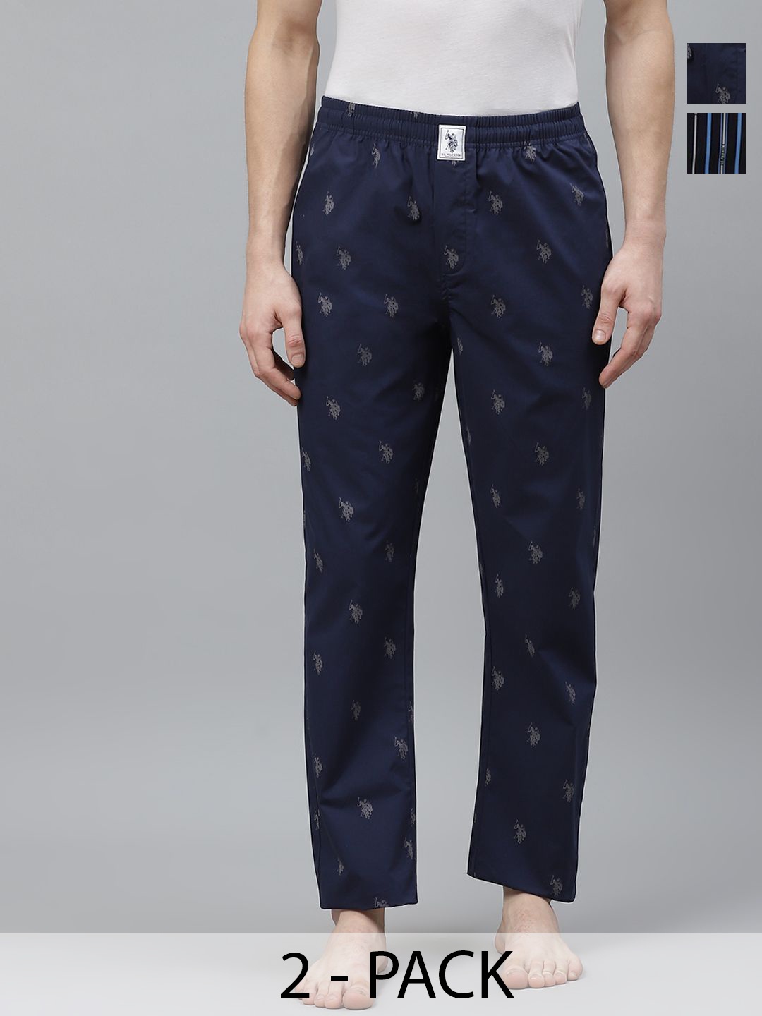 

U.S. Polo Assn. Pack of 2 Men Printed Mid-Rise Cotton Straight Lounge Pants, Navy blue