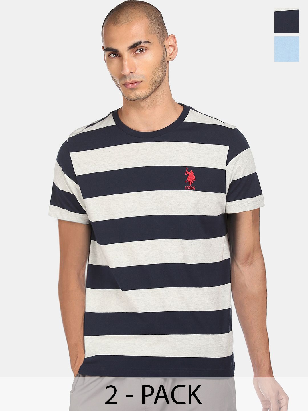 

U.S. Polo Assn. Pack Of 2 Round Neck Striped Lounge T-shirts, Grey melange
