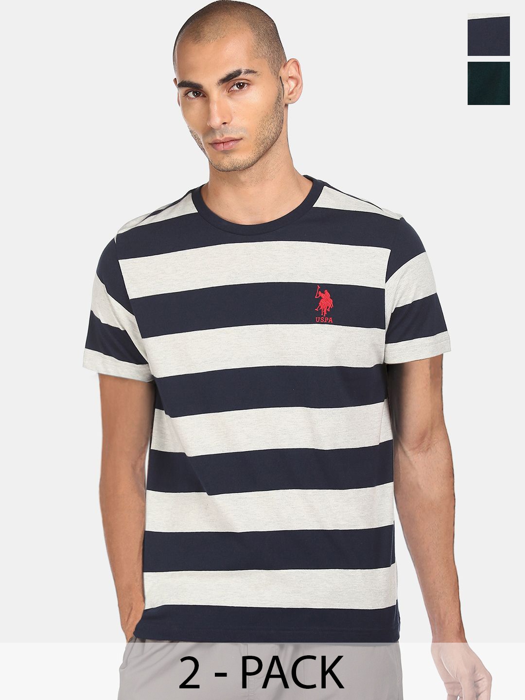 

U.S. Polo Assn. Pack Of 2 Striped Round Neck Lounge T-shirts, Grey melange