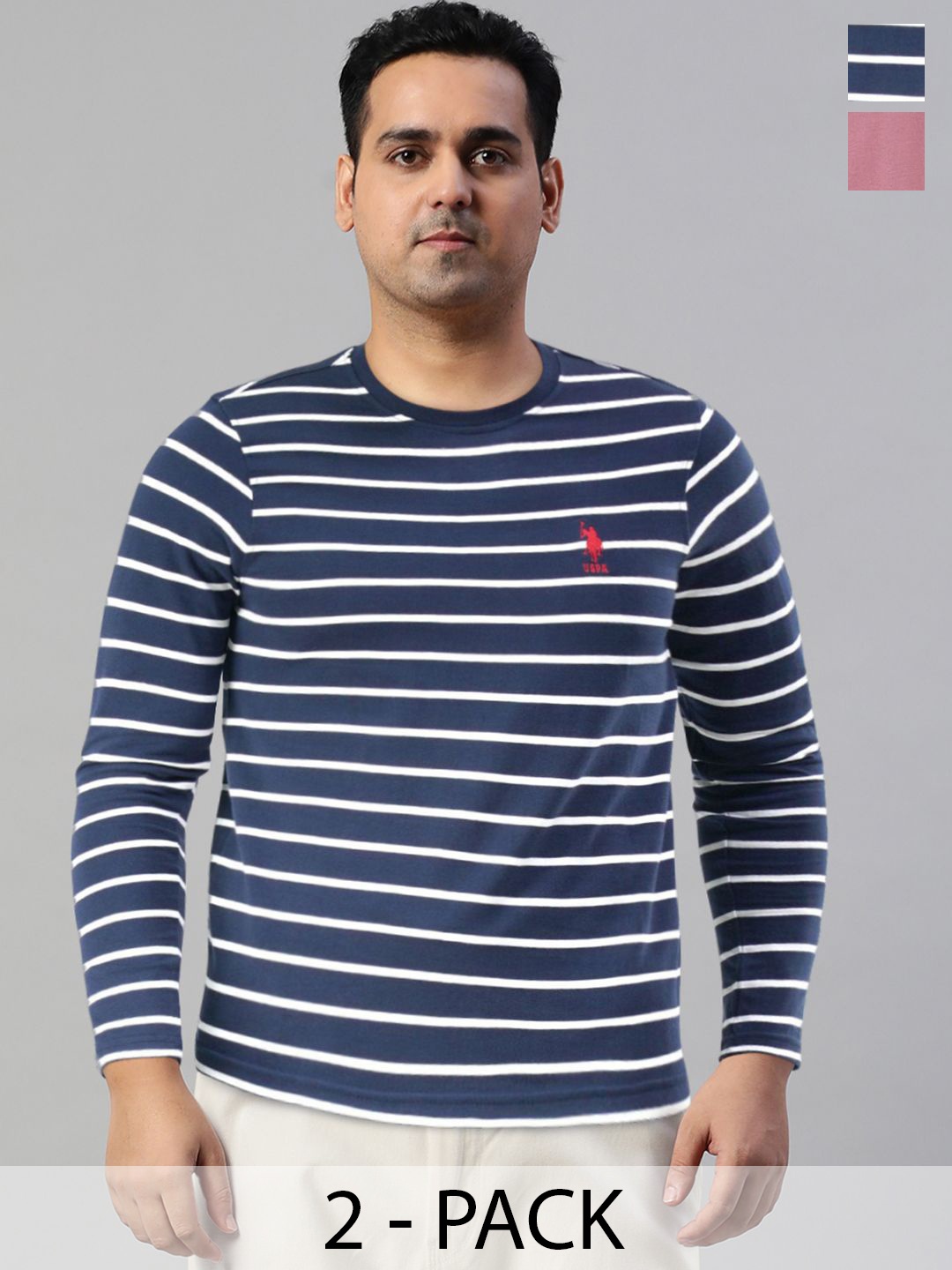 

U.S. Polo Assn. Pack Of 2 Striped Round Neck Lounge T-shirts, Navy blue