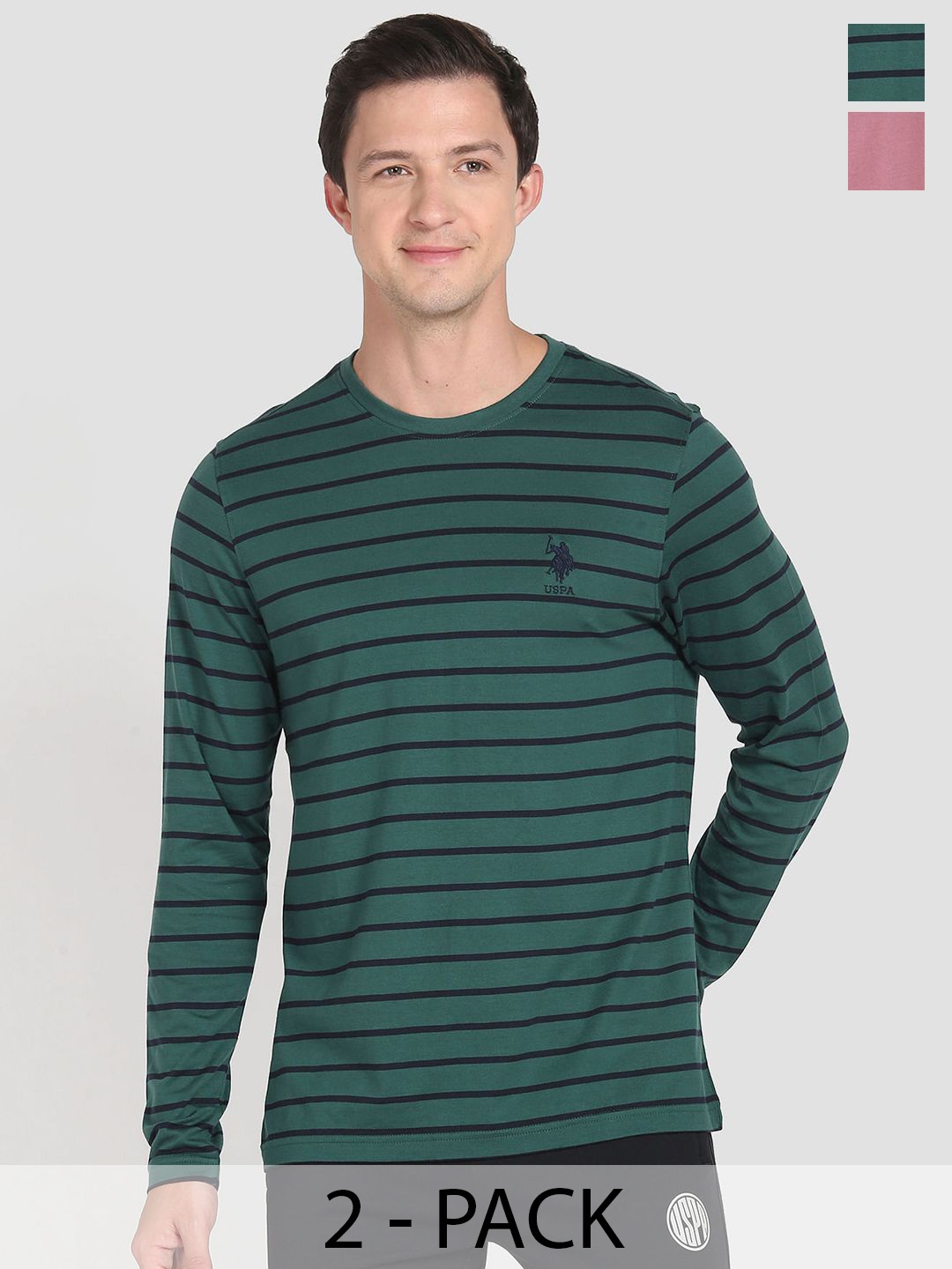 

U.S. Polo Assn. Pack Of 2 Striped Round Neck Pure Cotton Lounge T-shirts, Green