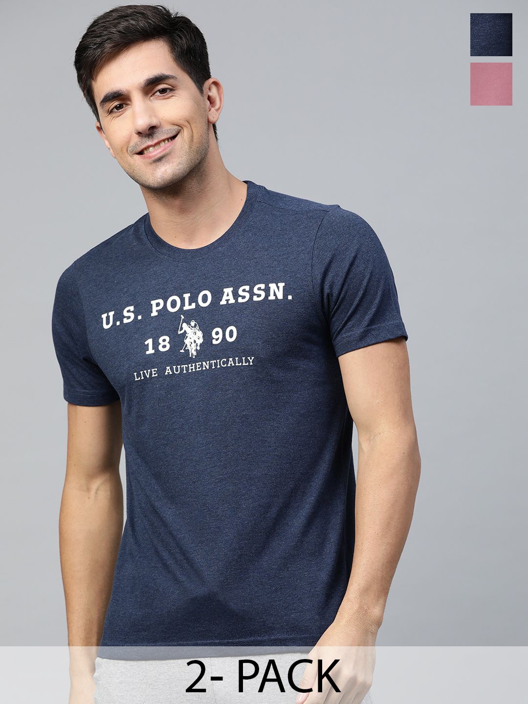 

U.S. Polo Assn. Pack Of 2 Printed Round Neck Cotton Lounge T-shirts, Navy blue