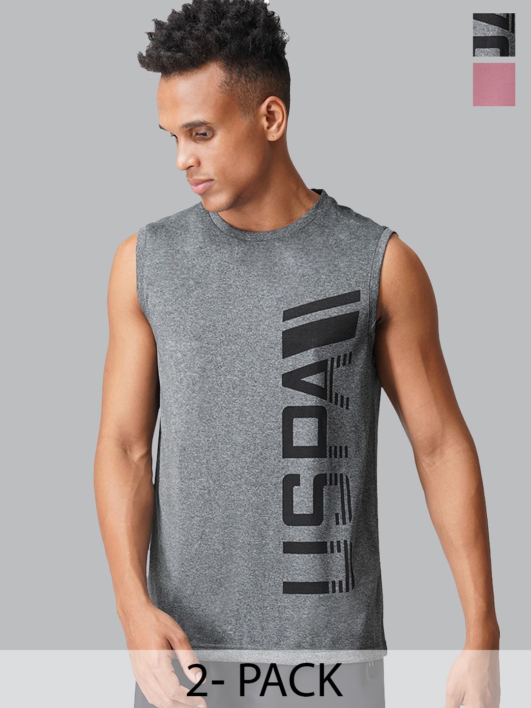 

U.S. Polo Assn. Pack Of 2 Printed Round Neck Lounge T-shirts, Grey melange
