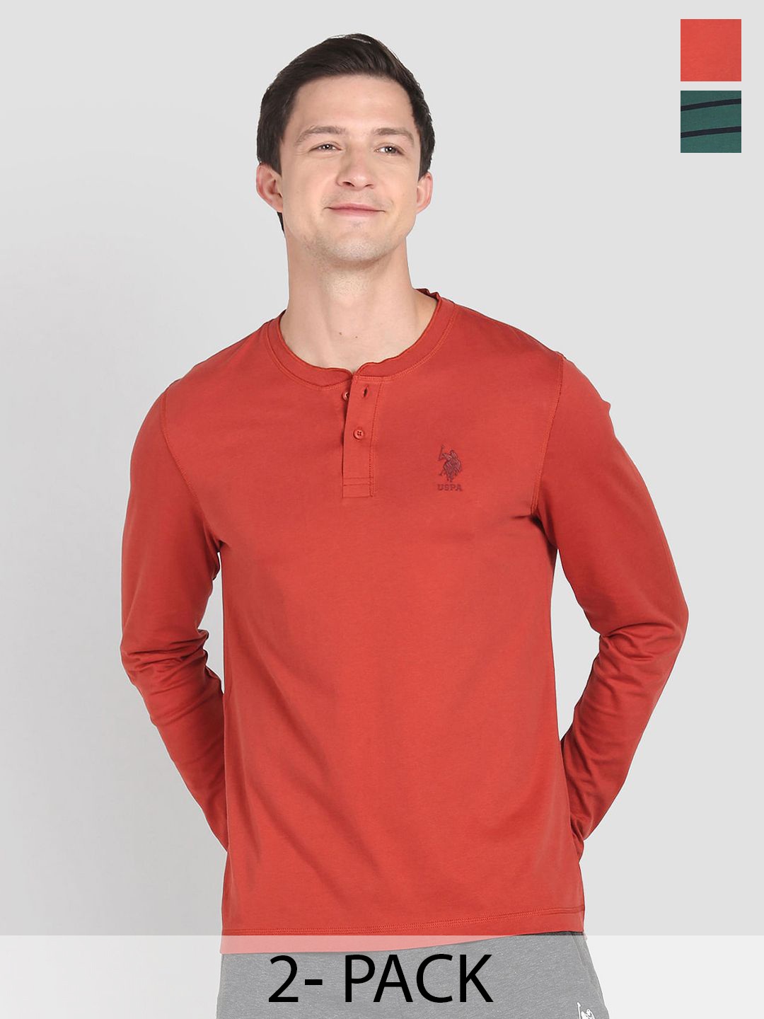 

U.S. Polo Assn. Pack Of 2 Henley Neck Long Sleeves Pure Cotton Lounge T-shirts, Red