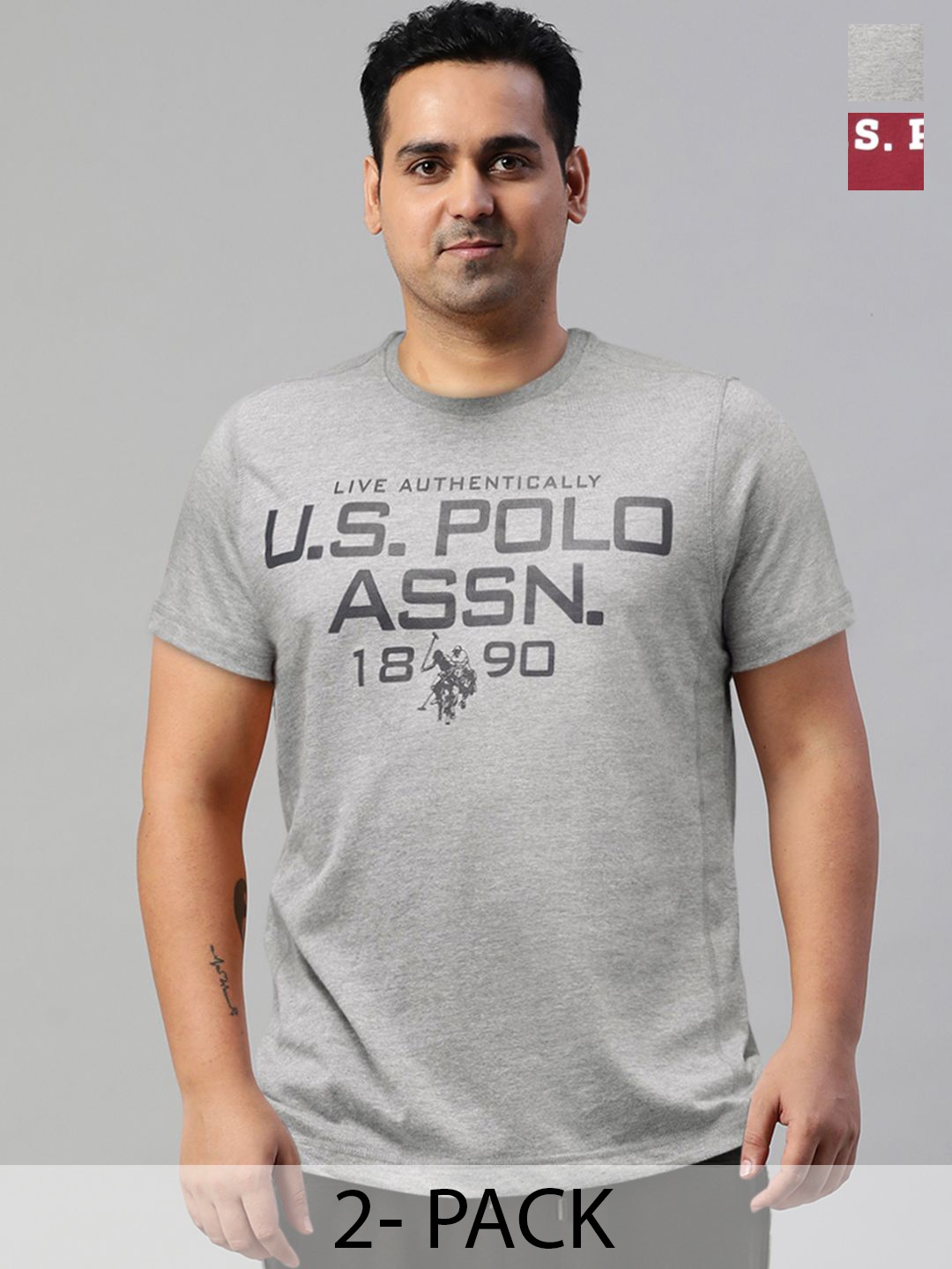 

U.S. Polo Assn. Pack Of 2 Printed Round Neck Lounge T-shirts, Grey melange