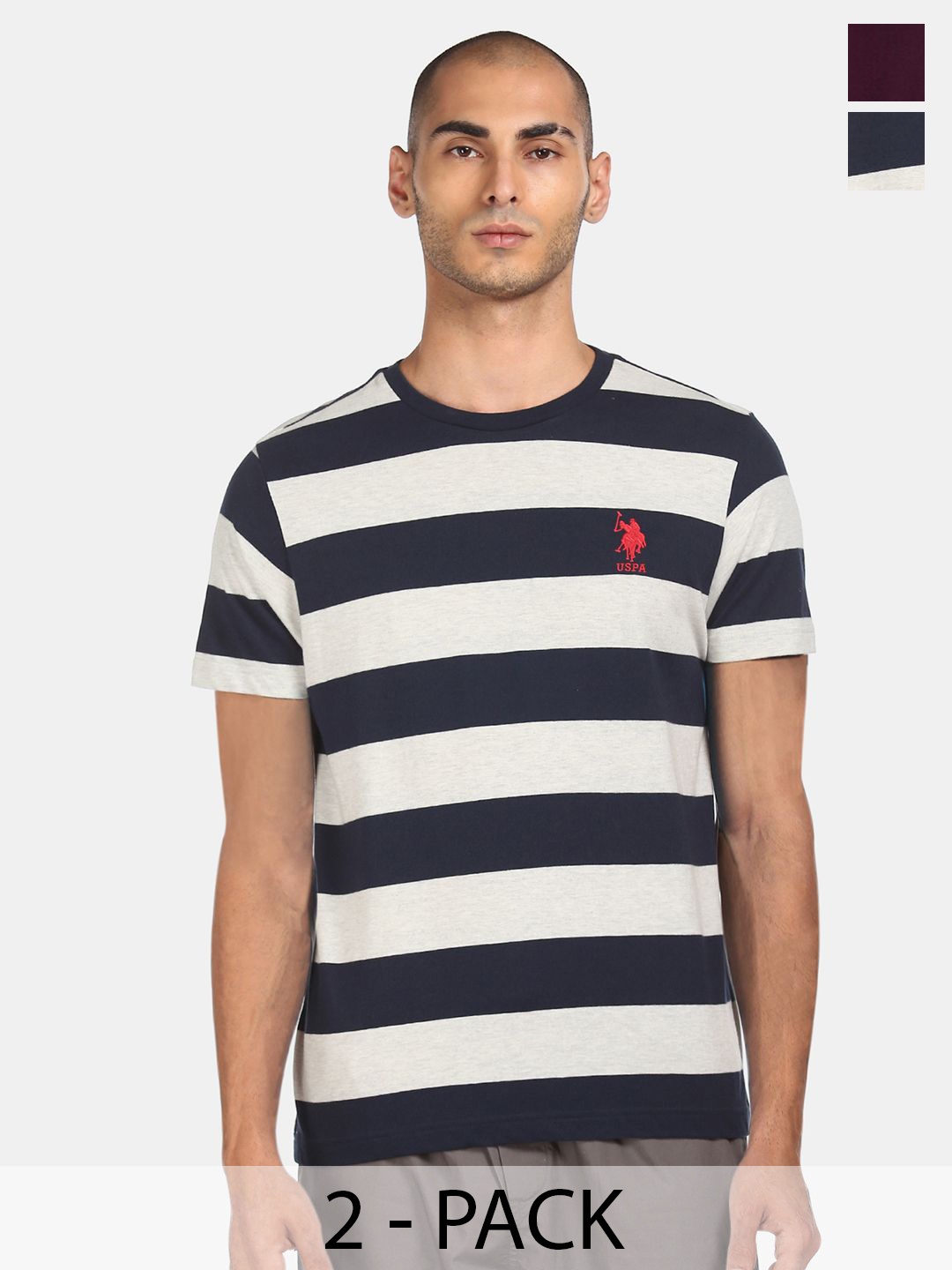 

U.S. Polo Assn. Pack Of 2 Striped Comfort Fit Lounge Tshirts, Grey melange