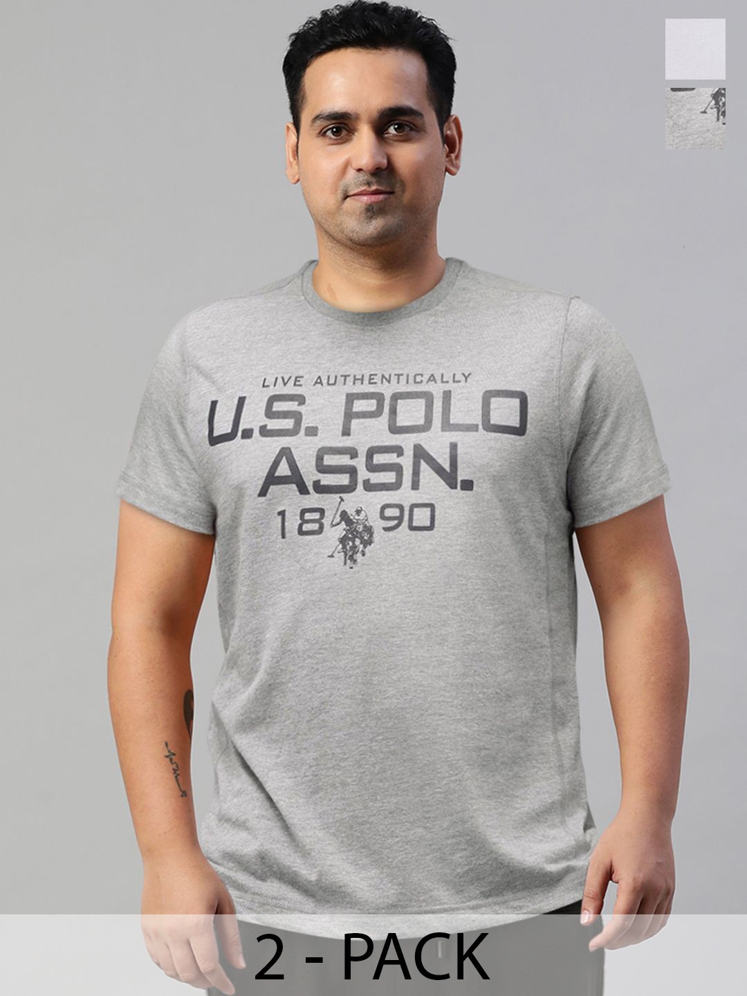 

U.S. Polo Assn. Pack Of 2 Printed Comfort Fit Round Neck Lounge Tshirts, Grey melange