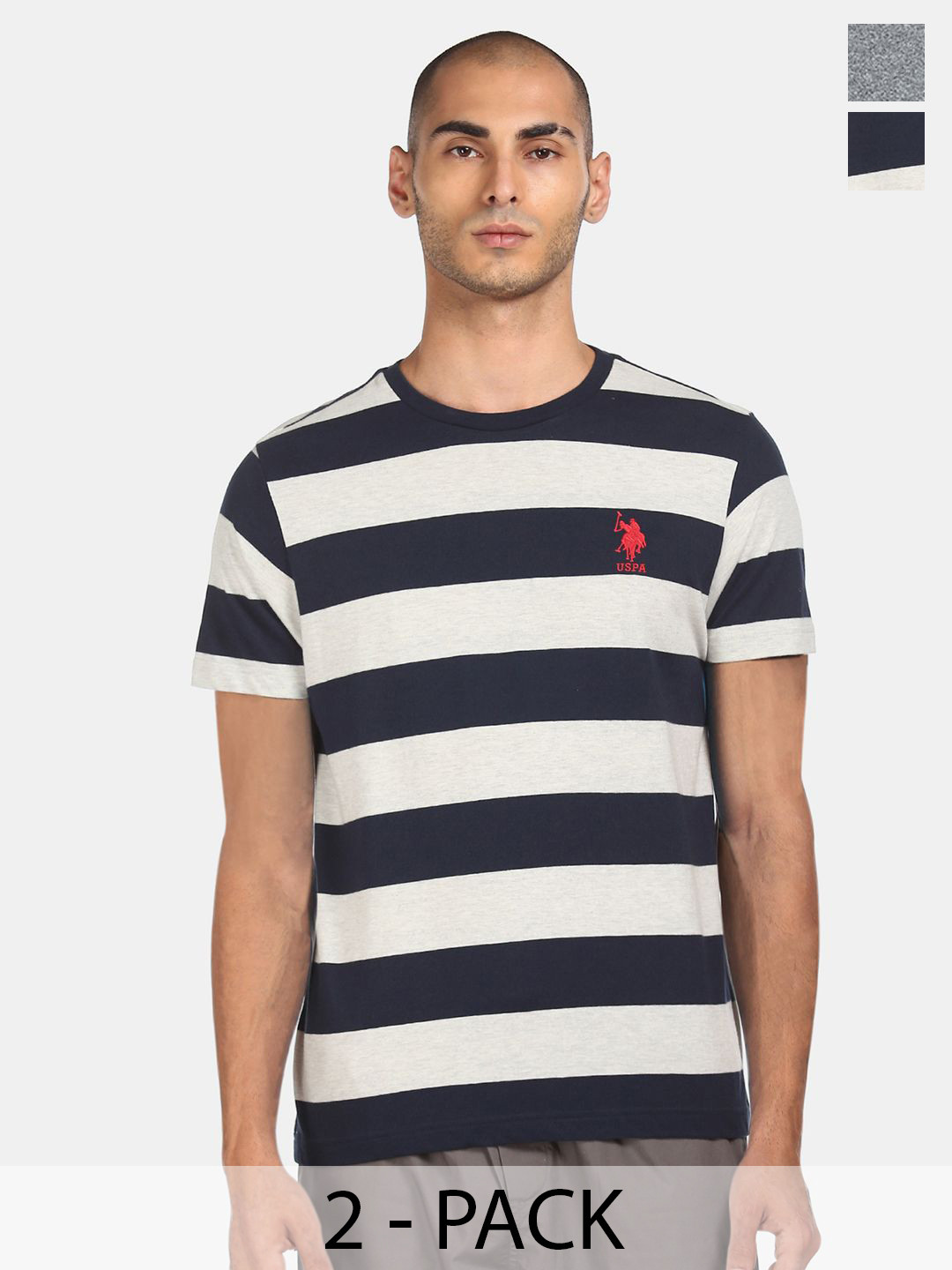 

U.S. Polo Assn. Round Neck Pack Of 2 Striped Lounge T-shirts, Grey melange