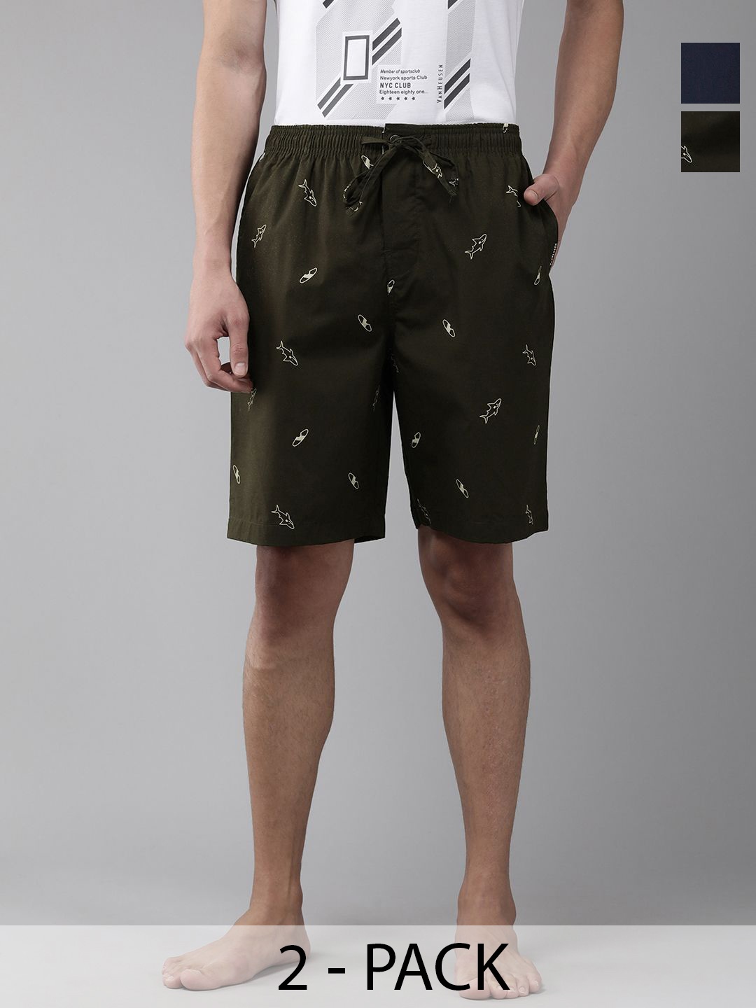 

Van Heusen Athleisure Men Pack Of 2 Printed Touch Functional Pocket Lounge Shorts, Olive