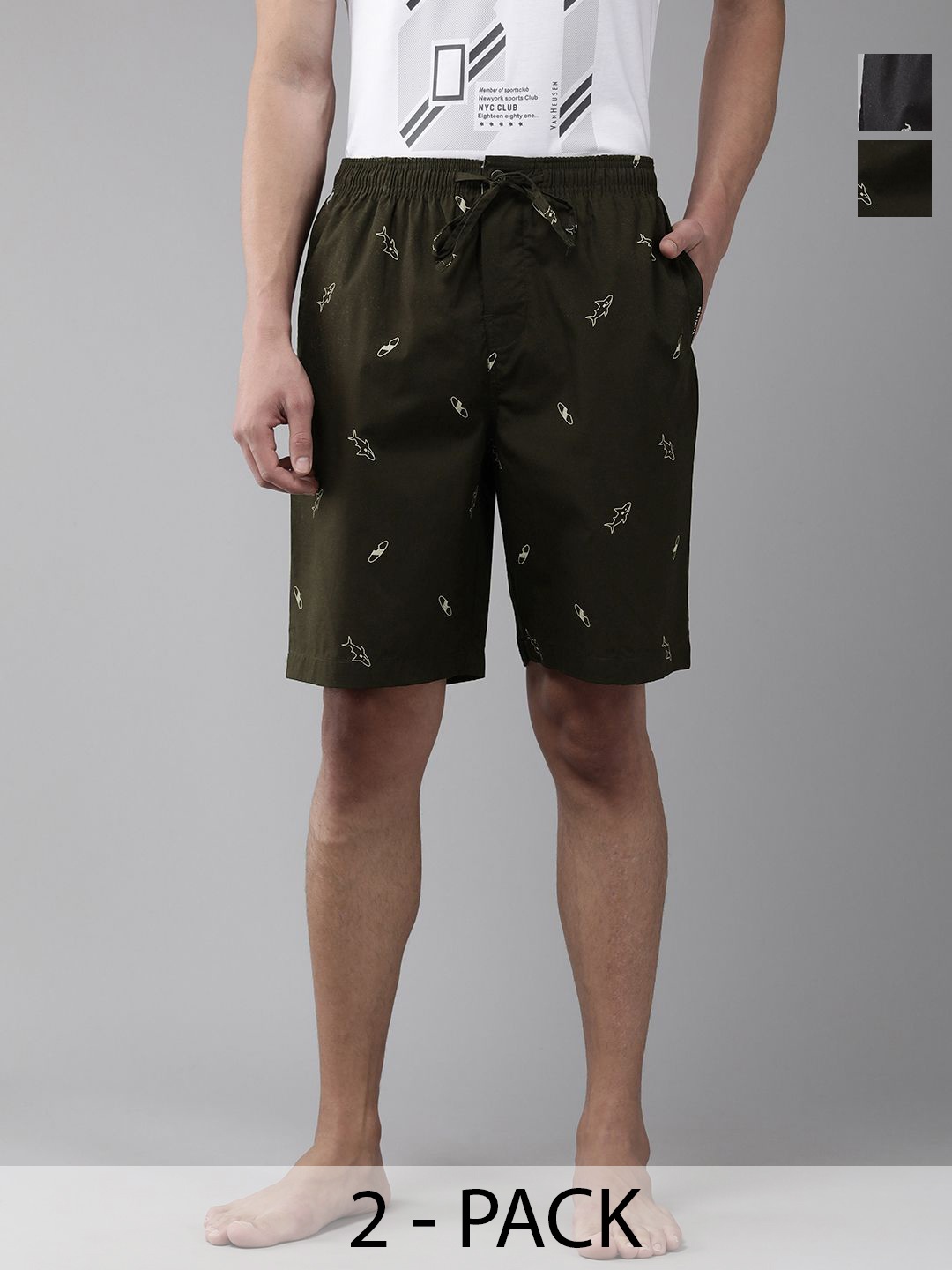 

Van Heusen Men Pack Of 2 Printed Touch Functional Pocket Lounge Shorts, Olive