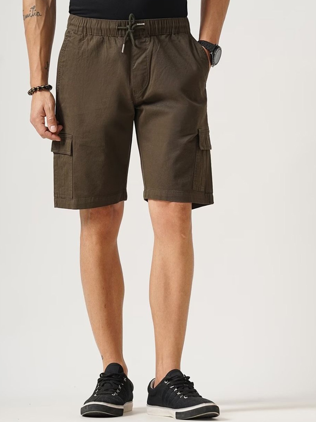 British Club Men Slim Fit Low Rise Pure Cotton Outdoor Cargo Shorts, Olive