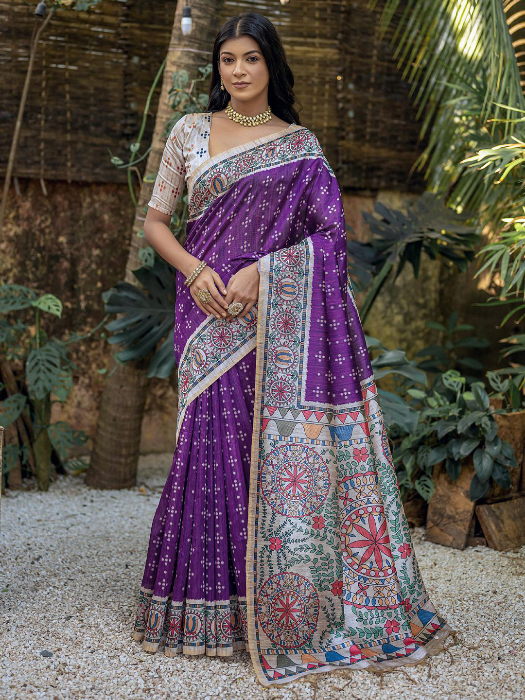 

Mitera Tussar Ethnic Motifs Saree, Purple