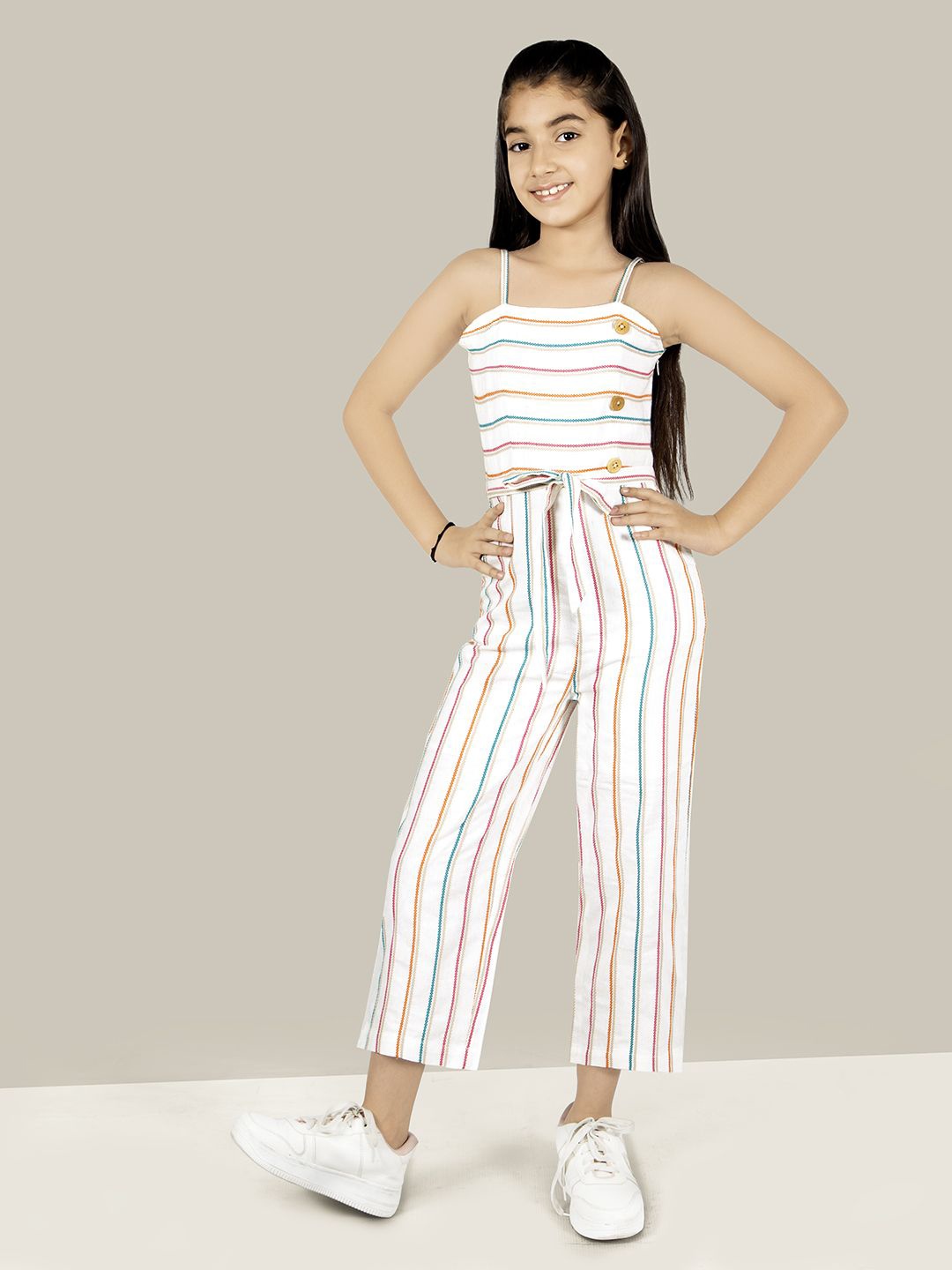 

Naughty Ninos Girls Striped Pure Cotton Basic Jumpsuit, Off white