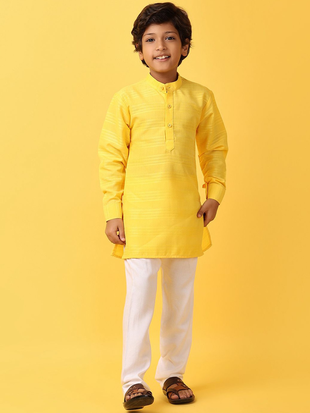 

V-Mart Boys Striped Mandarin Collar Pure Cotton Straight Kurta with Pyjamas, Yellow