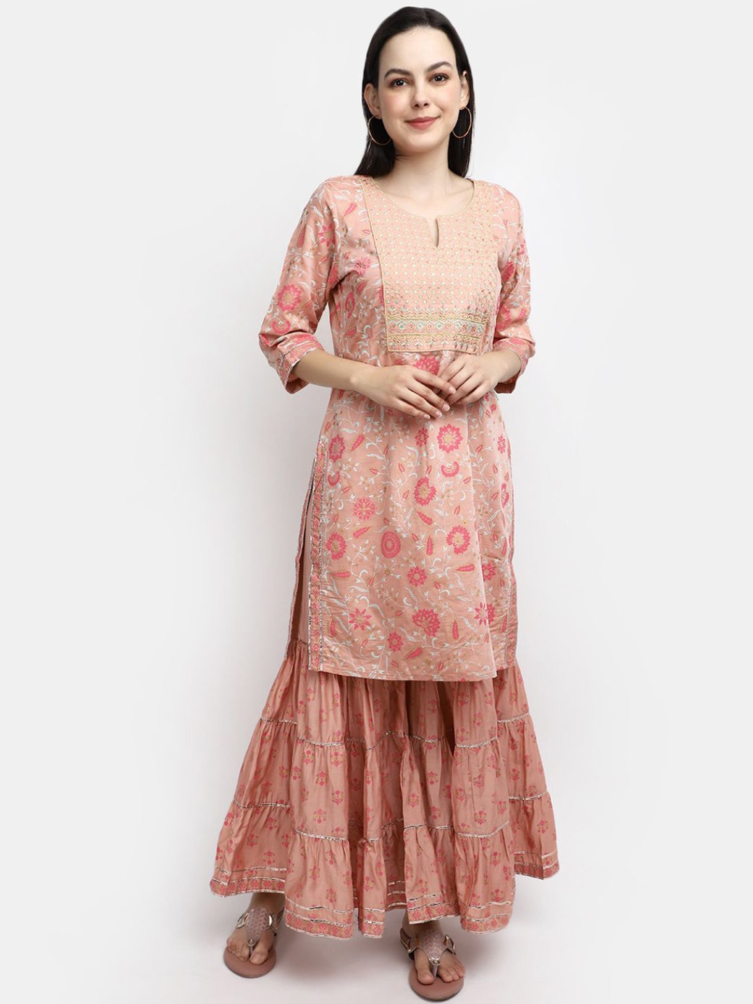 

V-Mart Floral Printed Notch Neck Thread Work Straight Kurta With Sharara, Peach