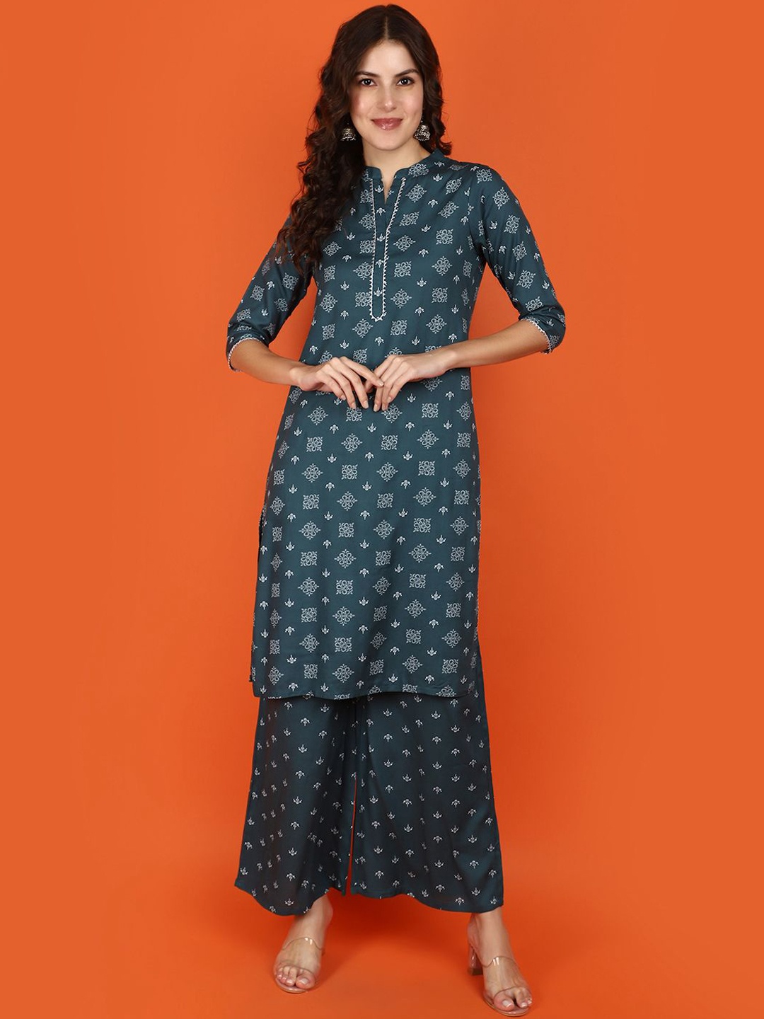 

V-Mart Ethnic Motifs Printed Band Collar Straight Kurta With Palazzos, Teal