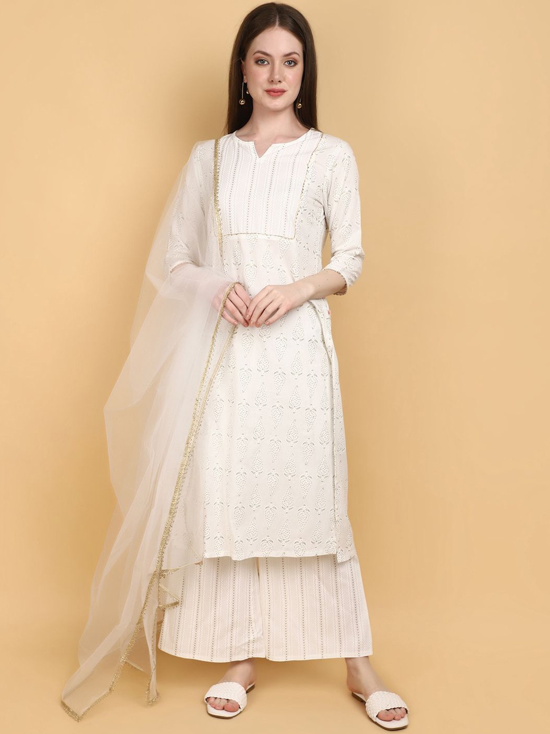 

V-Mart Ethnic Motifs Printed Gotta Patti Straight Kurta With Palazzos & Dupatta, Off white