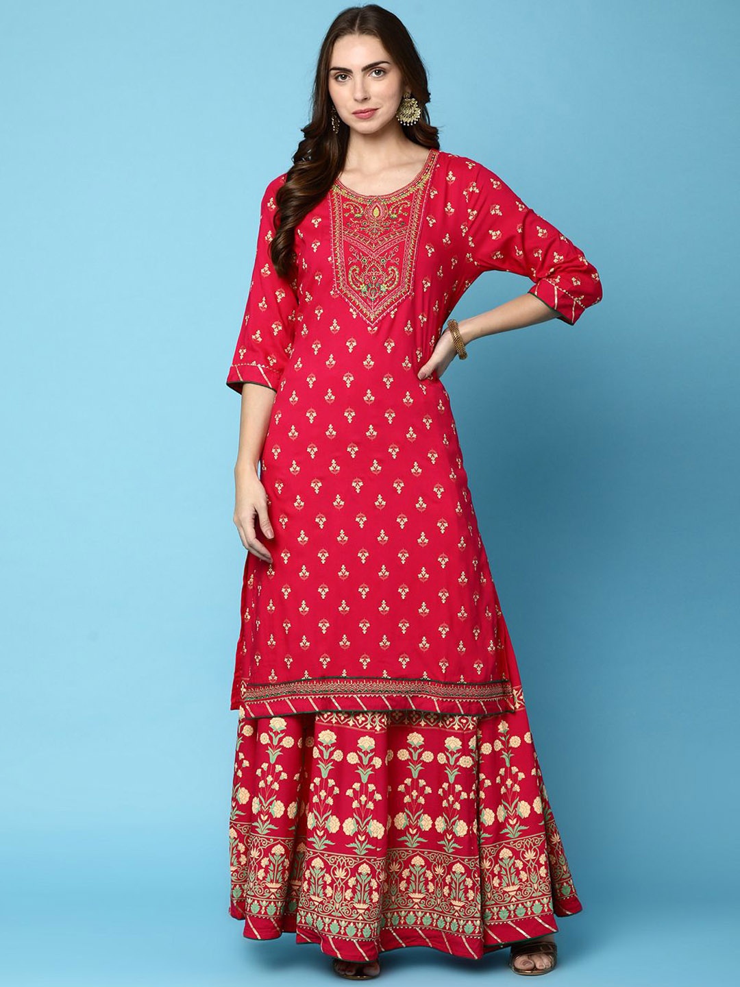 

V-Mart Ethnic Motifs Printed Thread Work Straight Kurta With Skirt & Dupatta, Red