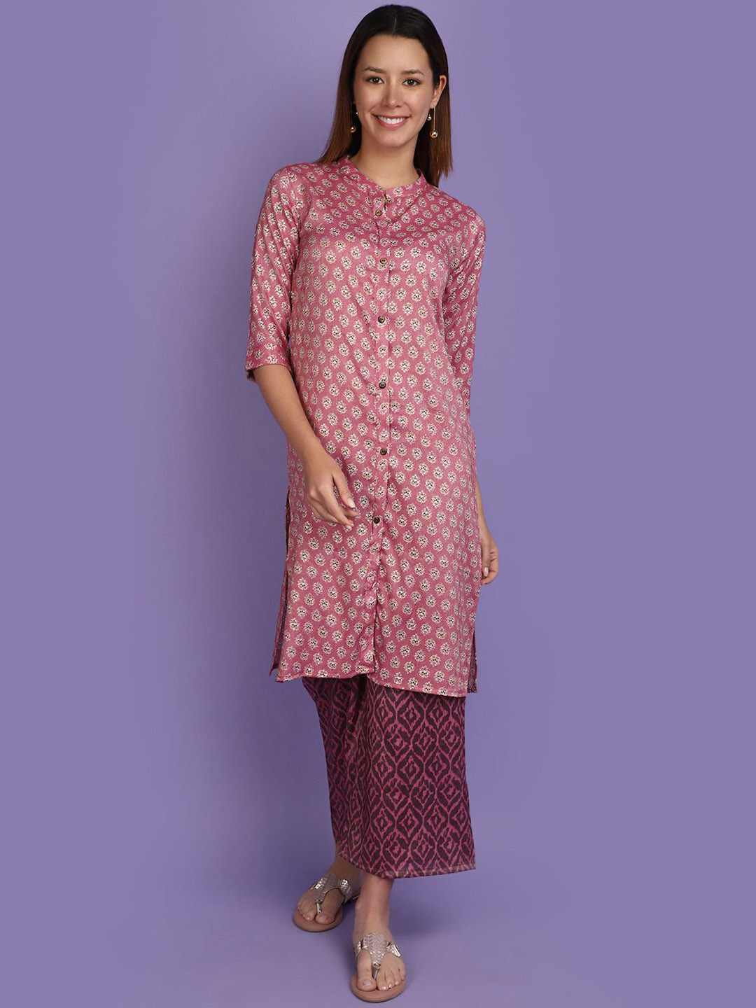 

V-Mart Ethnic Motifs Printed Mandarin Collar Regular Kurta with Palazzos, Purple