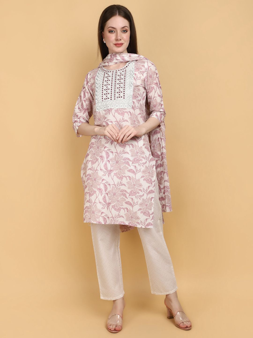 V-Mart Floral Printed Regular Mirror Work Pure Cotton Kurta with Trouser, Off white