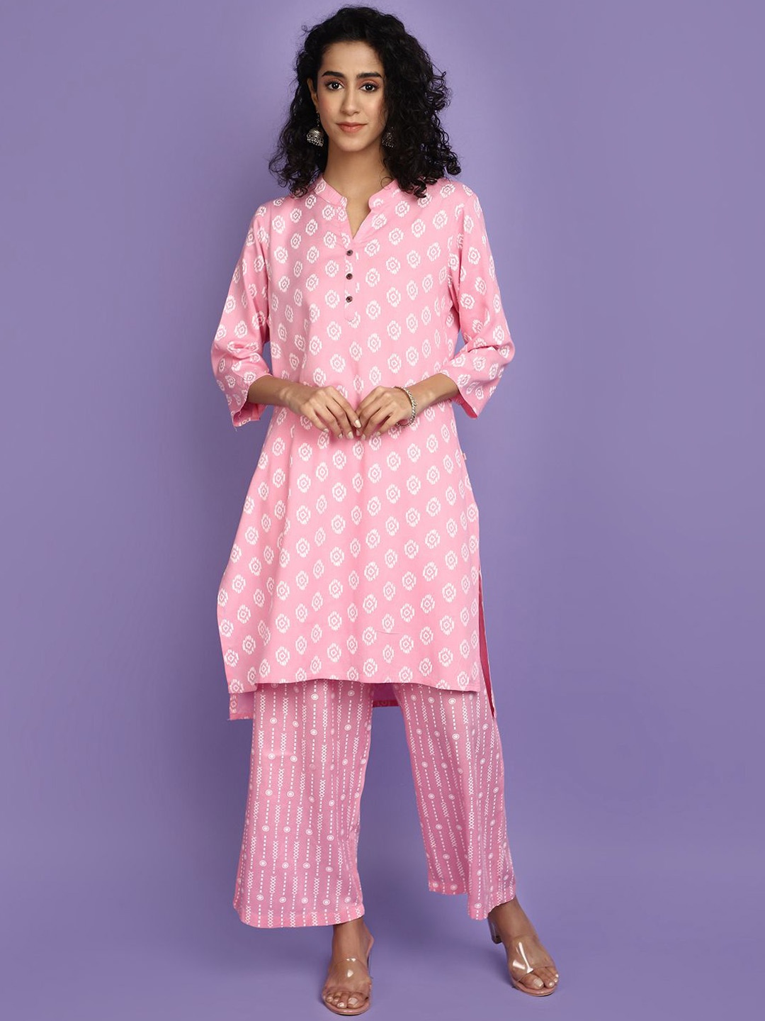 

V-Mart Ethnic Motifs Printed Mandarin Collar Regular Kurta with Palazzos, Pink
