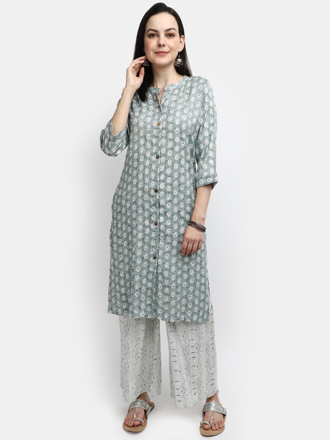 

V-Mart Floral Printed Mandarin Collar Regular Pure Cotton Kurta with Trouser, Green