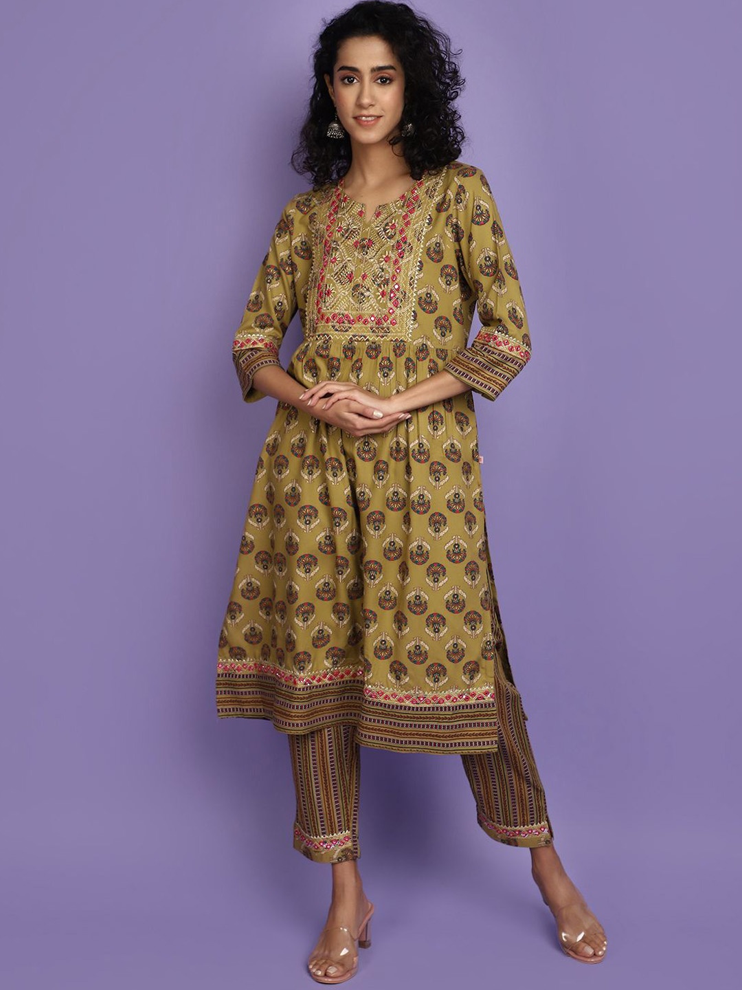 

V-Mart Floral Printed Thread Work A-Line Kurta with Trouser, Olive