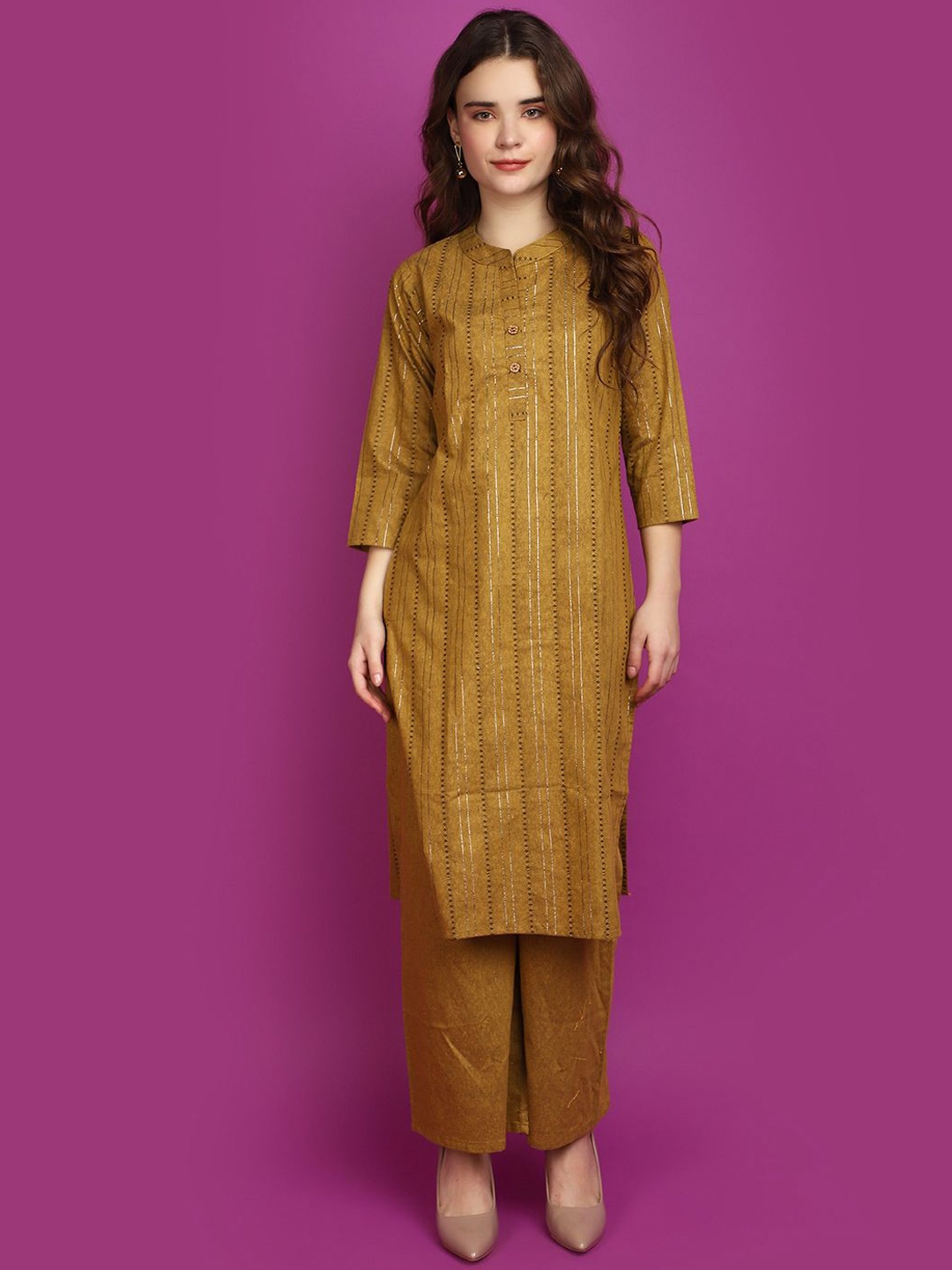 

V-Mart Striped Self Design Mandarin Collar Zari Regular Pure Cotton Kurta with Trouser, Mustard