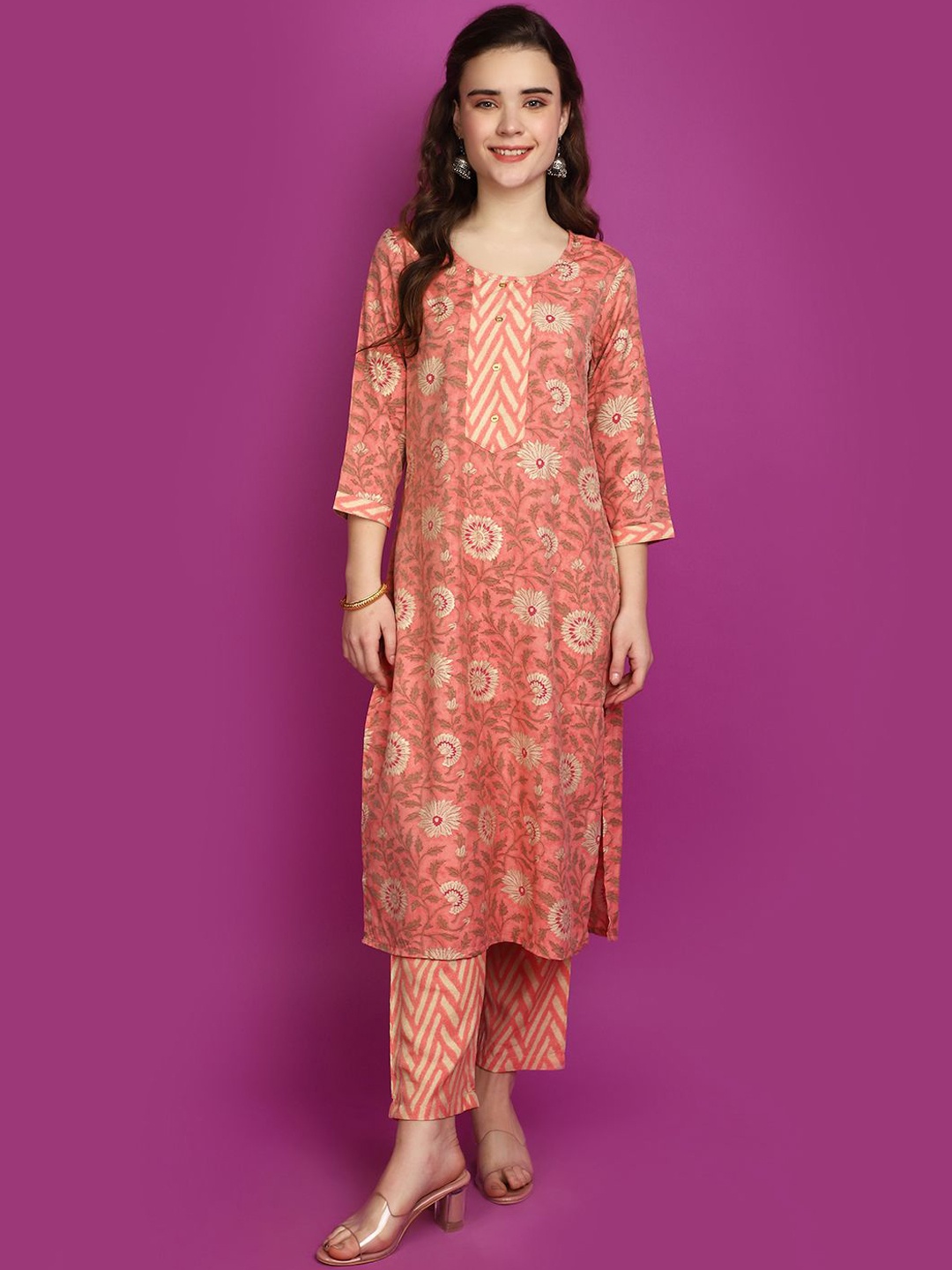 

V-Mart Floral Printed Regular Pure Cotton Kurta with Trouser, Orange