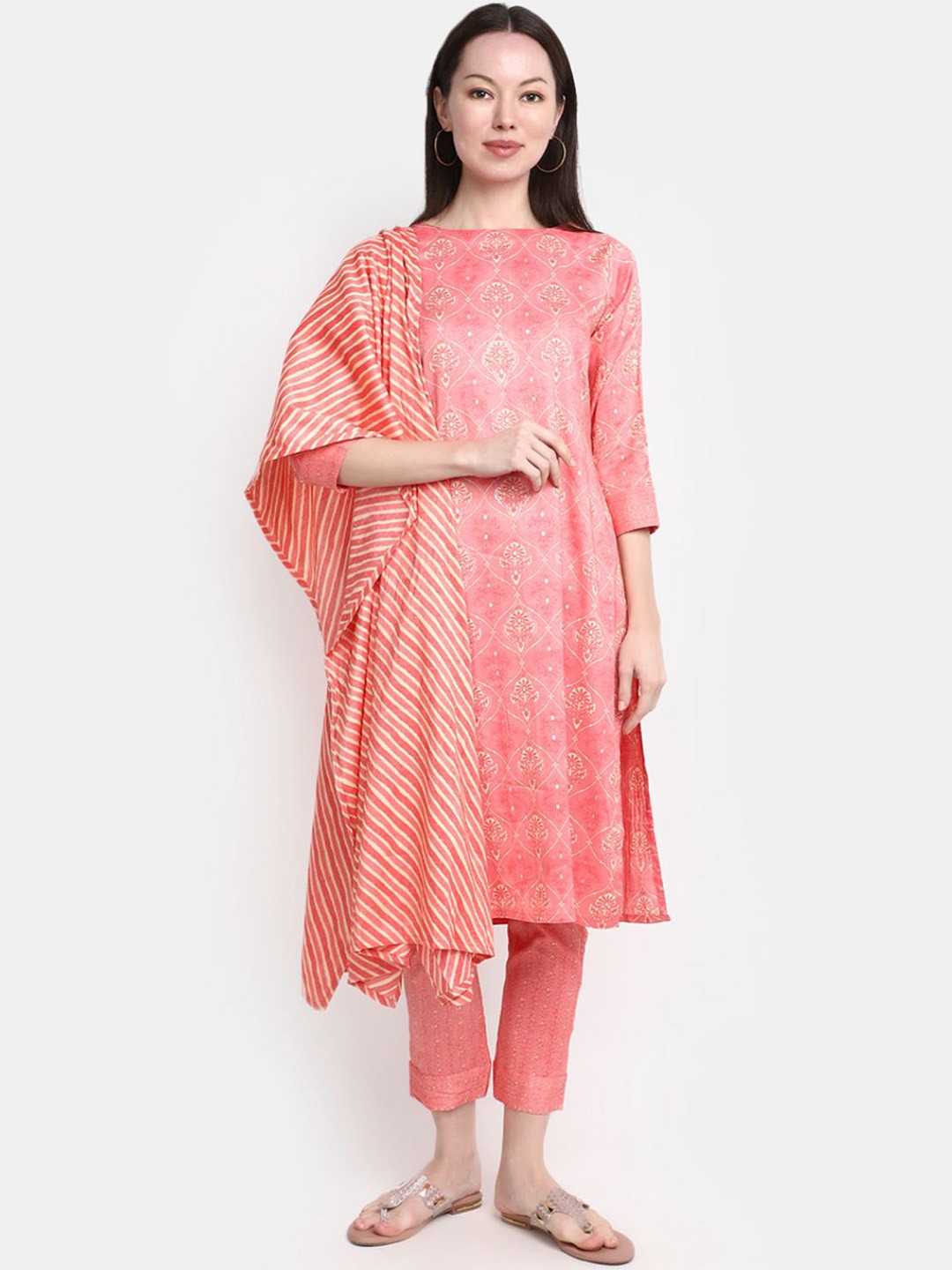 

V-Mart Floral Printed Regular Pure Cotton Kurta with Trousers & Dupatta, Pink
