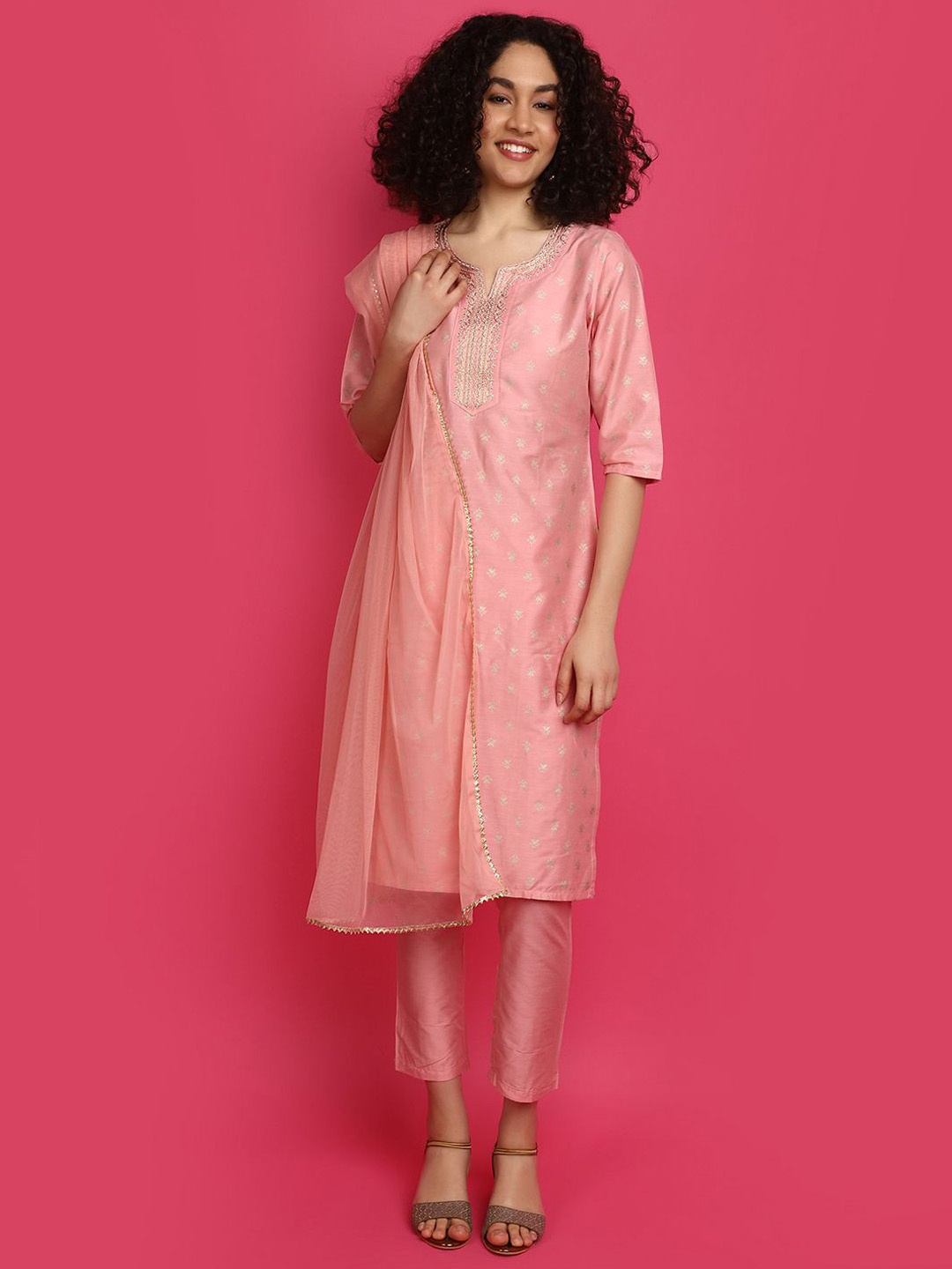 

V-Mart Ethnic Motifs Woven Design Zari Straight Kurta With Trousers & Dupatta, Pink