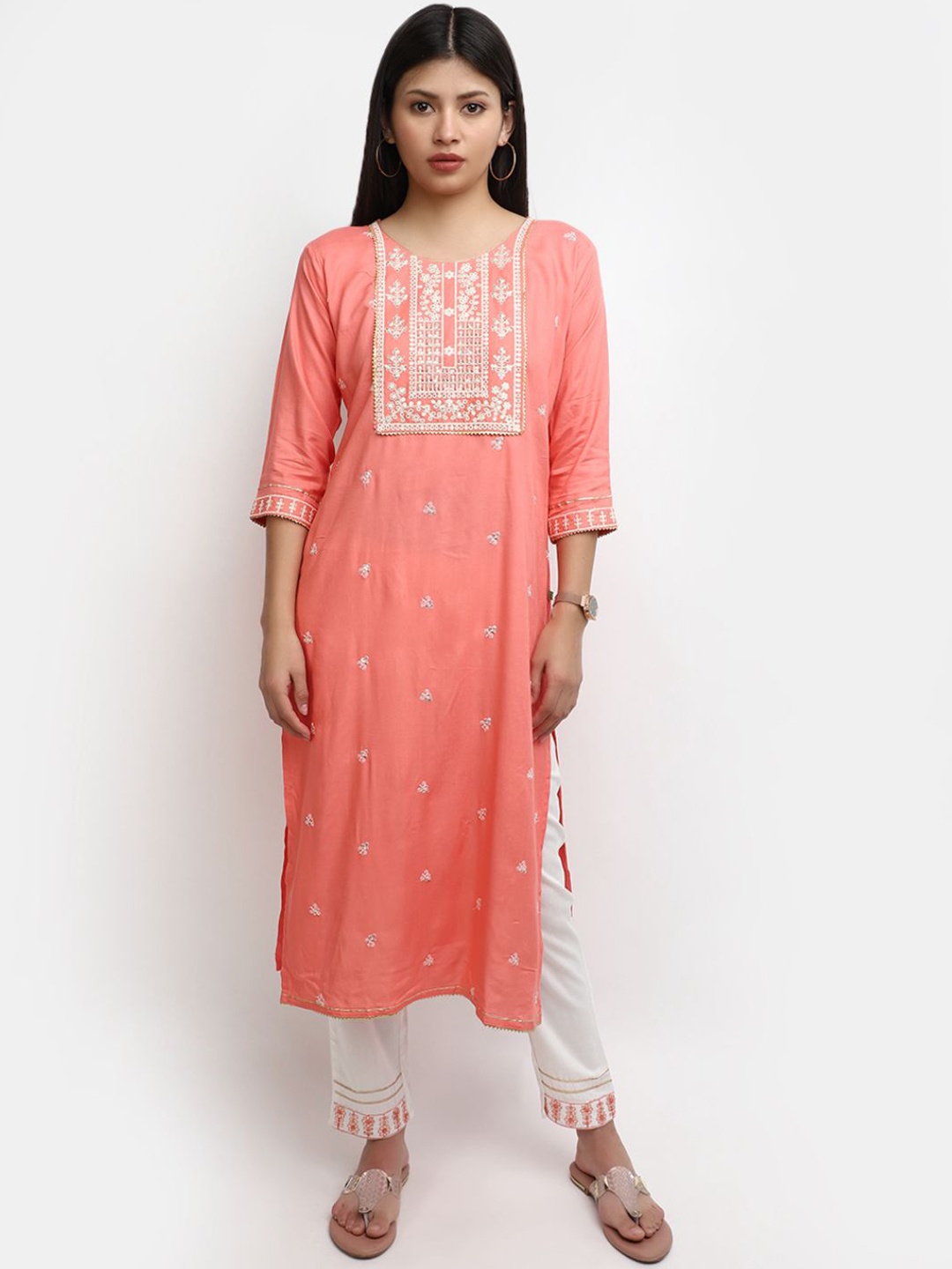 V-Mart Floral Embroidered Thread Work Straight Kurta With Trousers, Pink