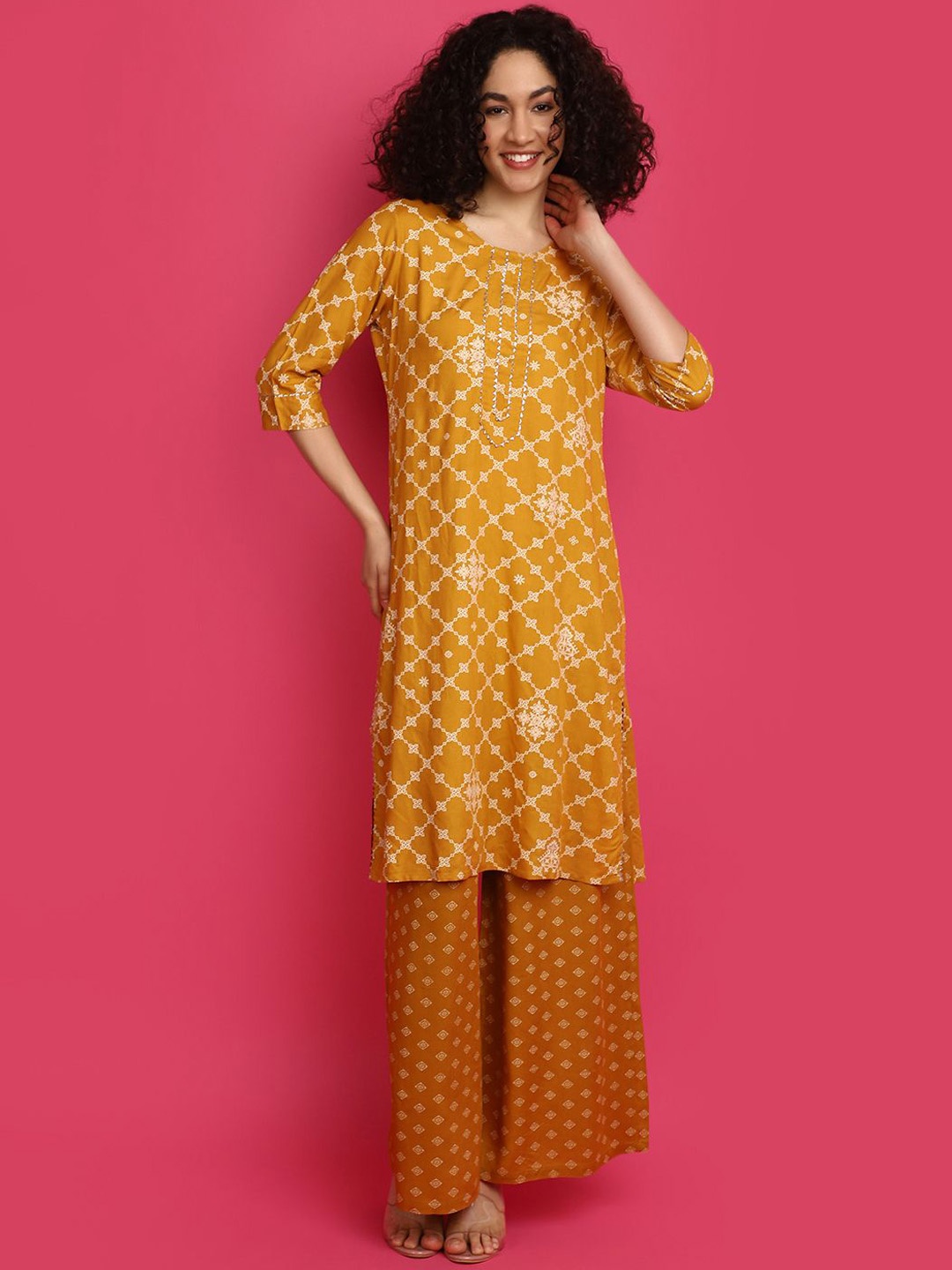 

V-Mart Ethnic Motifs Printed Gotta Patti Straight Kurta With Trousers, Mustard