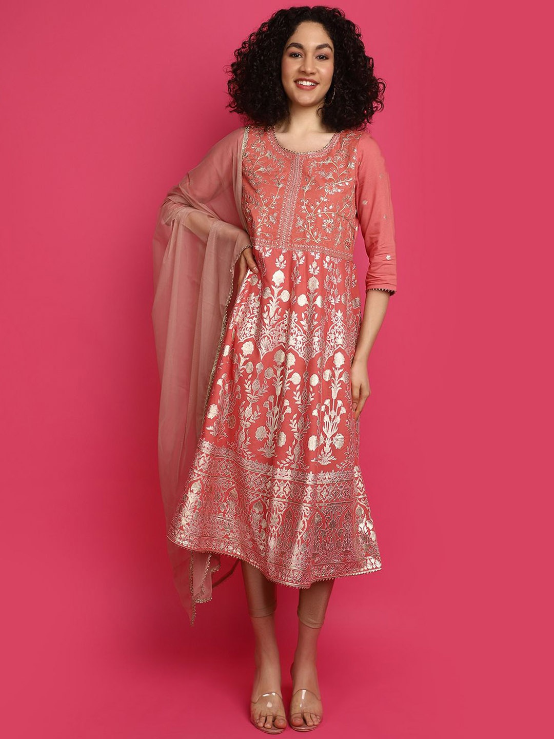 

V-Mart Ethnic Motifs Printed Sequined A-Line Kurta With Trousers & Dupatta, Rust